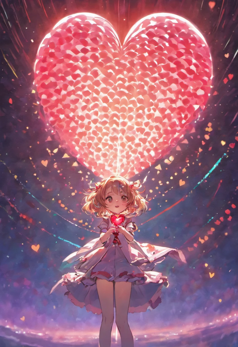 Girl in space holding a heart-shaped balloon. Tons pasteis
