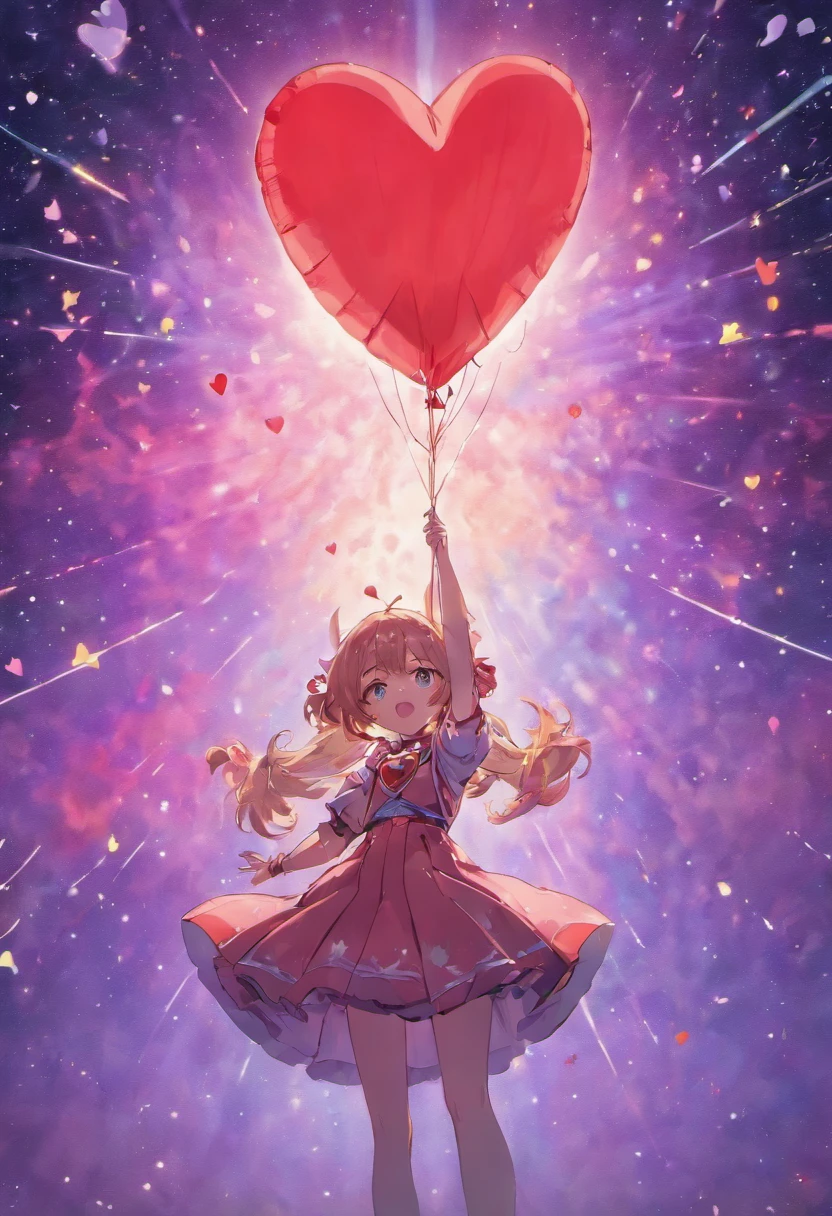 Girl in space holding a heart-shaped balloon. Tons pasteis
