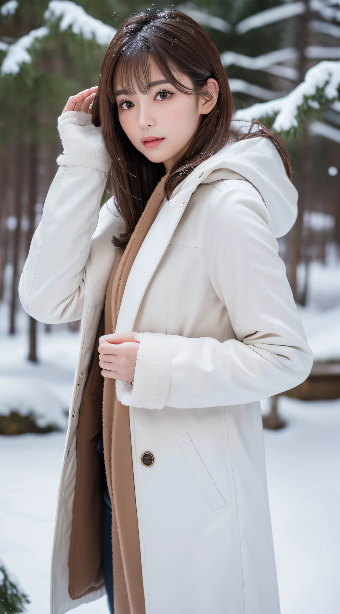 1womanl, up of face, light brown hair, Blunt bangs, hair behind ear, hair over shoulder, Long hair, slender body shape, Ultra Fine Face, Thin face, Delicate lips, Beautiful eyes, thin blush, eyes are light brown,View here, Ultra-thin hands, Ultra-fine fingers, best ratio four finger and one thumb, (realisitic:1.3), white longcoat.Long pants for the cold season, muffler,gloves、Coniferous forest with heavy snowfall, It's snowing.One-person viewpoint, Fuji Film, 8K, masutepiece, nffsw, Super Detail, High quality, Best Quality, hight resolution,