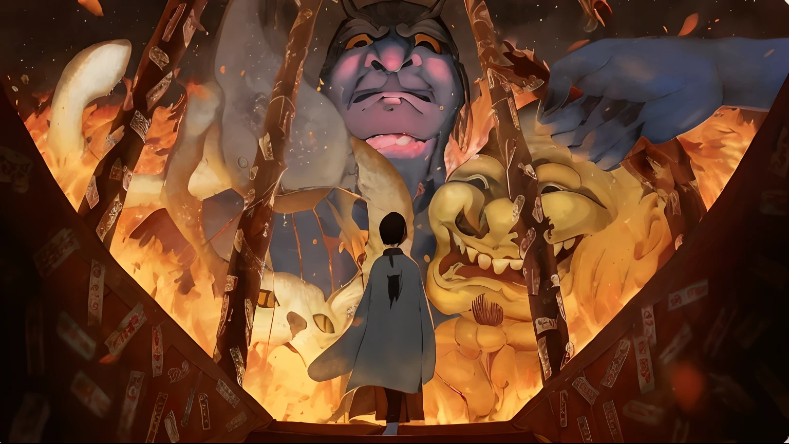 There is a man standing in front of the fire, Satoshi Ima's style, by Kamisaka Sekka, anime still film anime shikishi, anime fantasy illustration, inspired by Satoshi Kon, miyazaki's animated film, satoshi kon artstyle, screenshot from guro anime, anime epic artwork, Spirited Away, dreamy psychedelic anime