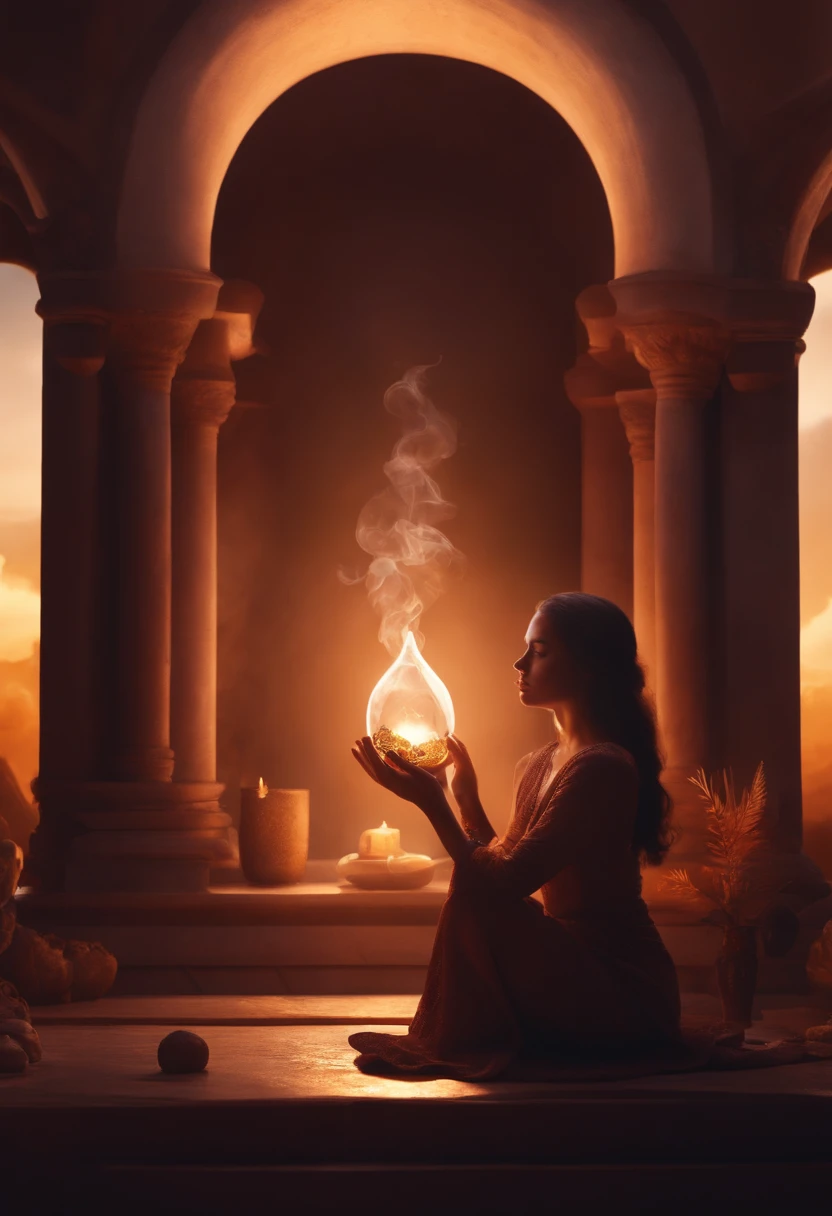 Girl meditates
Girl with smoked quartz in her hand
Illuminated environment filled with smoky quartz