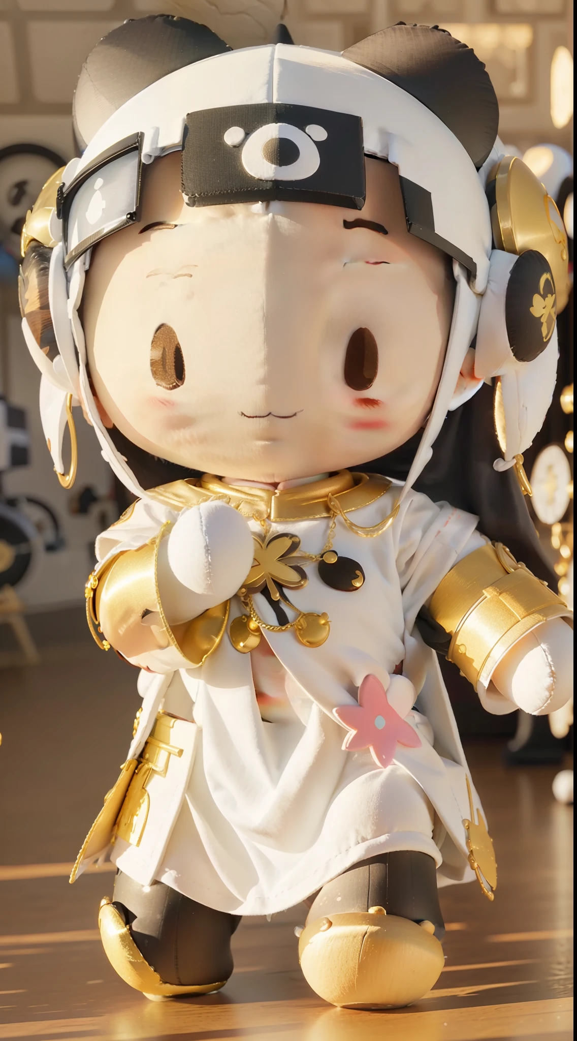 3D cartoon character，Super cute panda with big eyes, Dressed in white and gold ethnic style clothing, adorable expression, Charming smile, Super high detail, solid color backdrop, Exquisite, 3d effect, a blind box toy, Garage Kit, super high precision, Perfect lighting, OC renderer, blender, 8K, Super clear, Super noise reduction