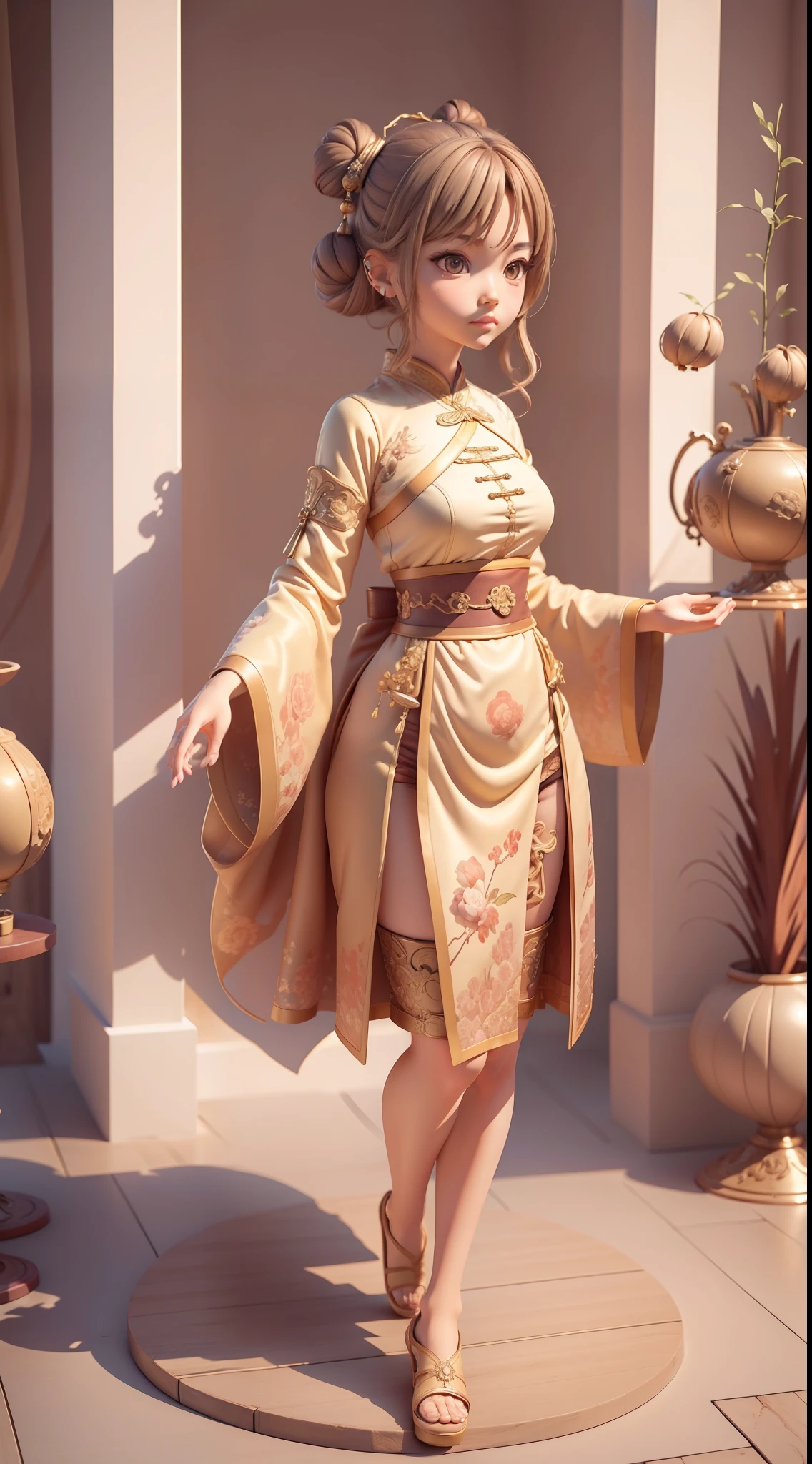 (Masterpiece, Best quality:1.2), 3 d desenho animado，1girll,Solo,Light brown hair, Chinese hair bun, Oriental antique，surrealism, Super detail, ccurate, Best quality, hyper HD, Masterpiece, Anatomically correct, A high resolution, 16k