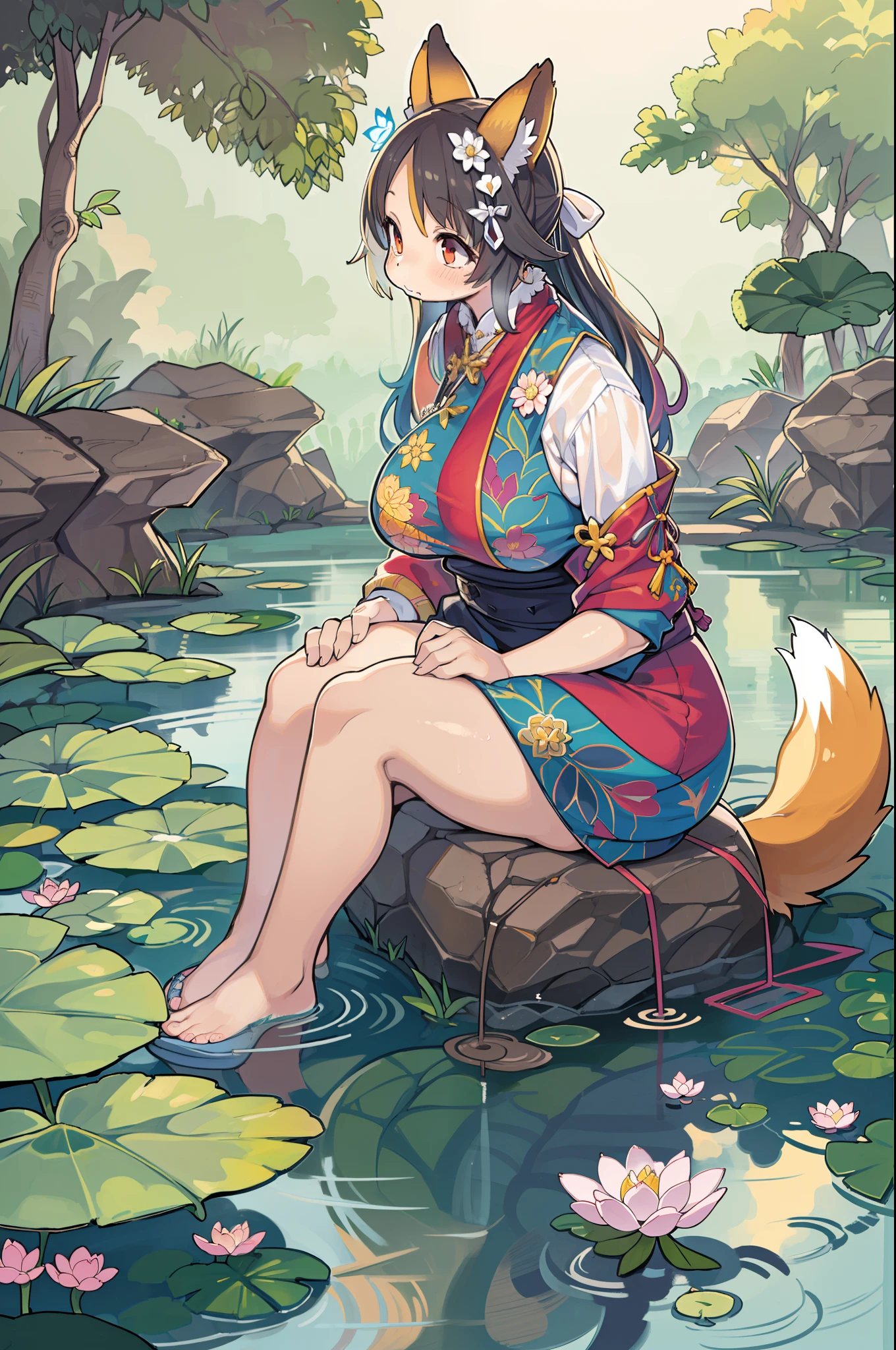 absurderes, hight resolution, ultra-detailliert, (1girl in:1.3), handdraw, Simple line, 16 year old girl in colorful han clothes, Sexy girl with fox ears, In the lotus pond, masutepiece, sitting in water, Floating clothes, Floating hair,bbw、thick thight、big butts,huge-breasted