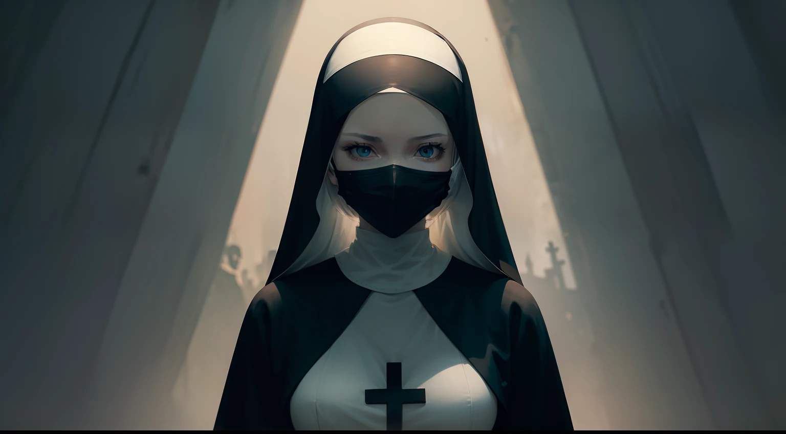 Create an anime-style wallpaper featuring a mysterious female nun with a mask covering her face. Place her in a dimly lit setting with a subtle glow art style. In the background, depict a hauntingly beautiful skeleton figure, adding an eerie yet captivating atmosphere to the artwork.