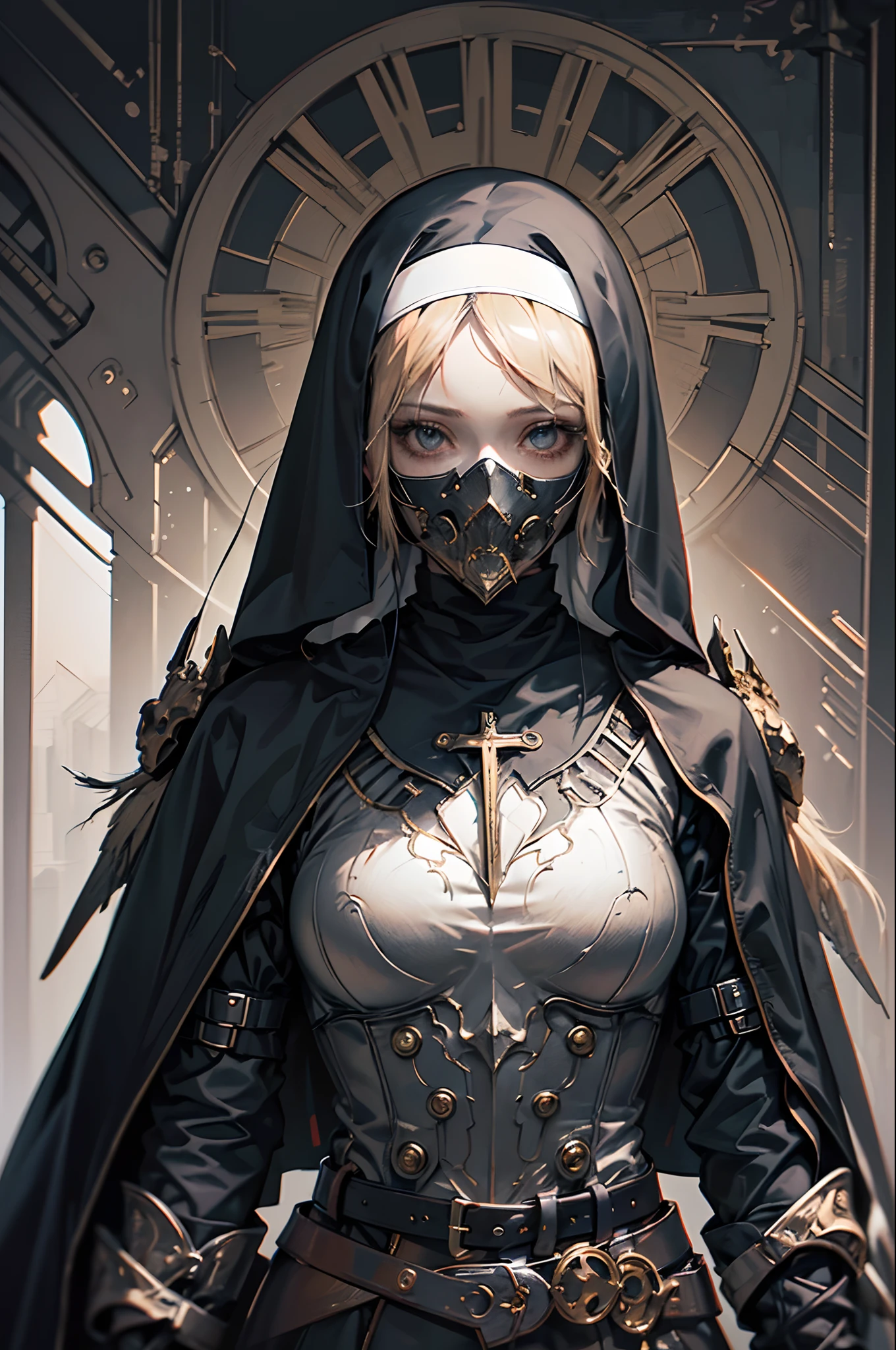 Create an anime-style wallpaper featuring a mysterious female nun with a mask covering her face. Place her in a dimly lit setting with a subtle glow art style. In the background, depict a hauntingly beautiful skeleton figure, adding an eerie yet captivating atmosphere to the artwork.