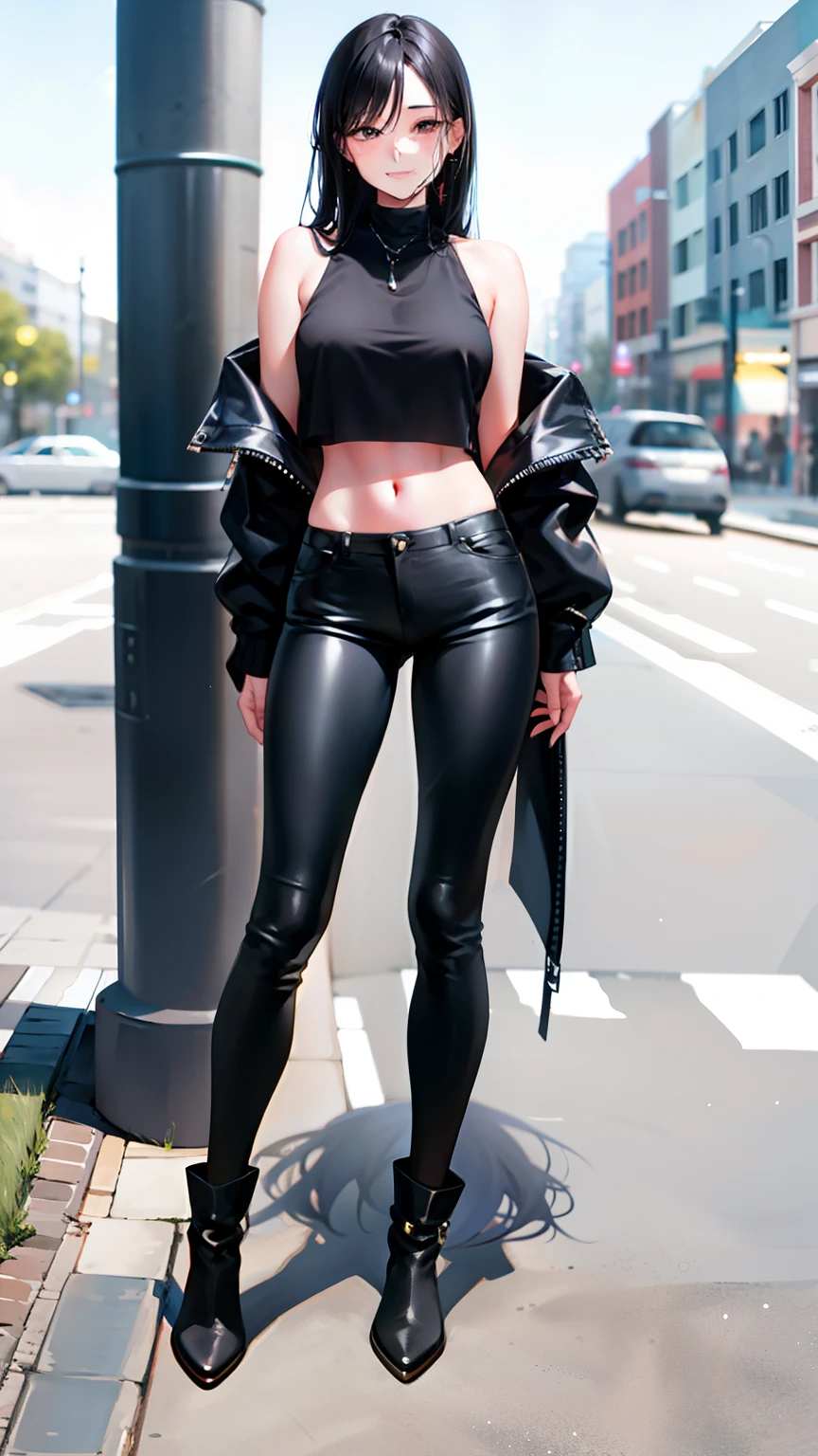 Woman with long black hair,Bigchest,Charming and cute appearance,Simple dark gray vest,Black leather pants，perfect bodies，Long legs，Full body facing the audience，Positive perspective，black high heeled boots，facing to audience，Smiling,Eyes shining,looking at viewert,Simple street，heads，the feet，full bodyesbian，Normal standing，filigree，s the perfect face，Correct anatomy
