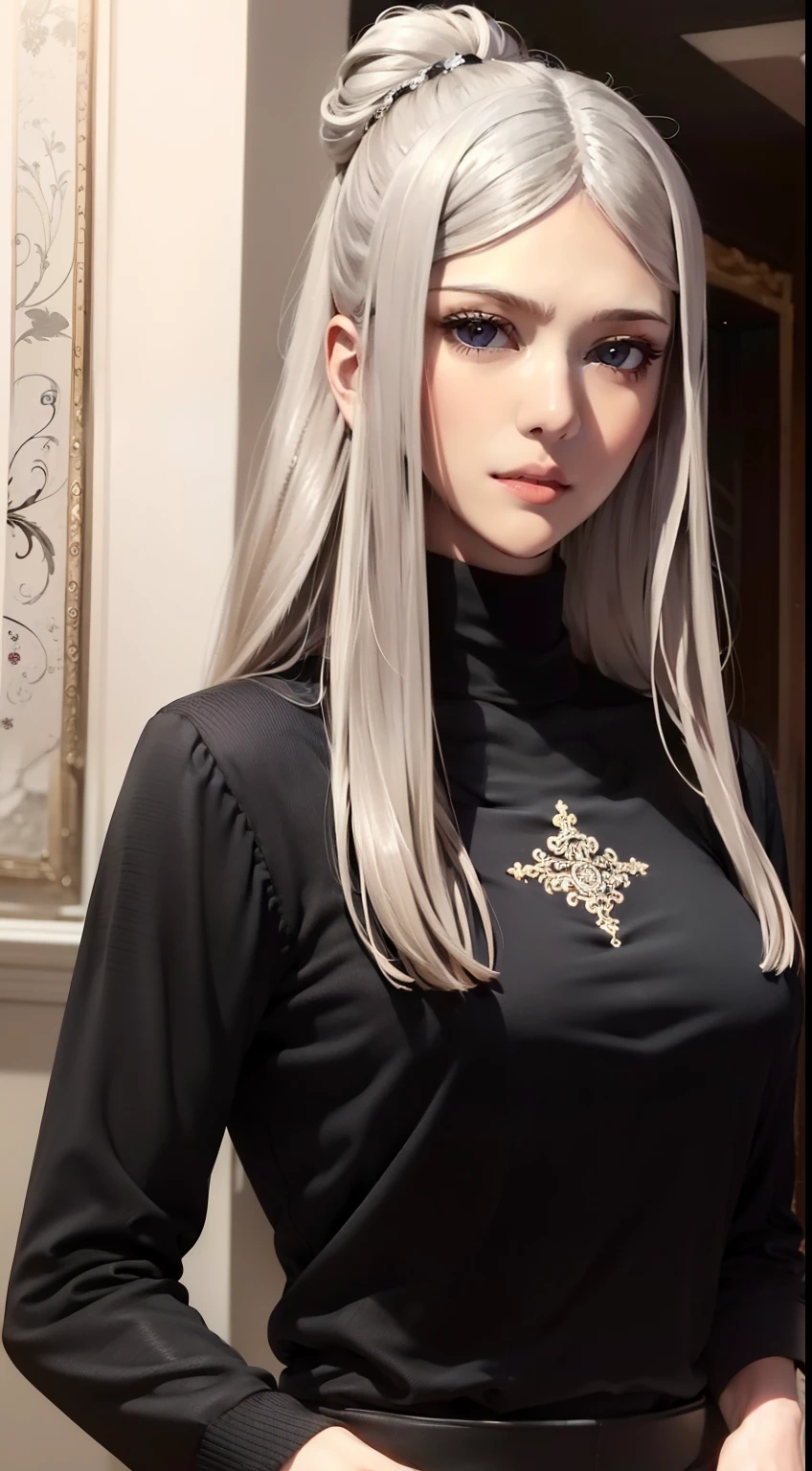 (masterpiece:1.2, best quality), (finely detailed beautiful eyes: 1.2), ( beautiful detailed eyes).  solo focus, girl focus,   1girl, talaris  ,silver hair, single hair bun   , long hair, sidelocks , hair bun, hair ornament , hair stick , black sweater, sweater, jeans, casual clothes, milf, mature female, large breasts, High contrast, beautiful elegant woman, adult, (best illumination, an extremely delicate and beautiful),(amazing backround, outdoors, modern day), modern, looking at viewer,beautiful detailed glow,