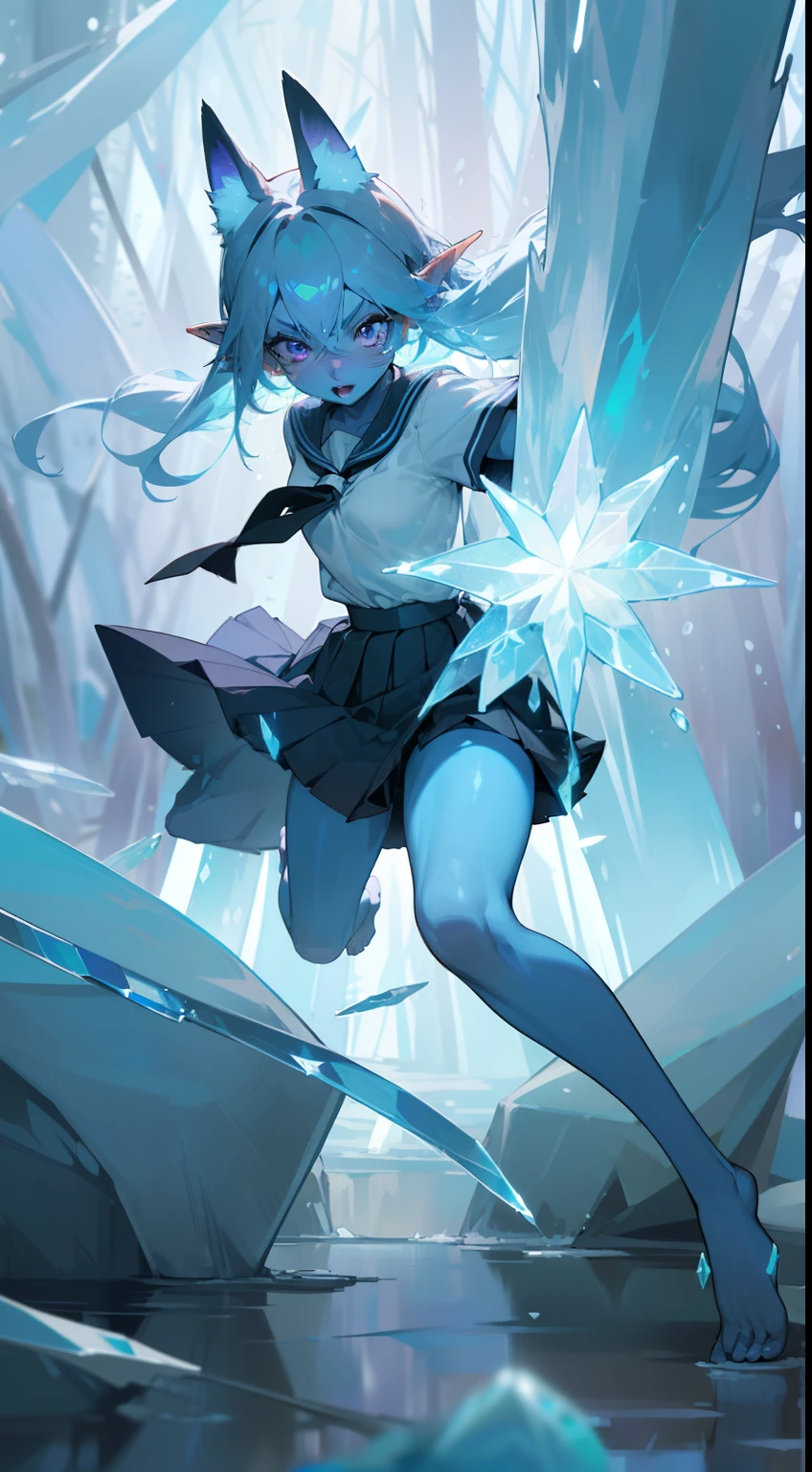 1girl water spirit,20s,solo,(((blue skin))),serious face,(((white school shirt))),(((black scholl skirt))),small tits,(((light blue hair))),long hair,sexy,purple eyes,elves ears,fox ears,lustrous body,barefoot,(((standing in front of a forest))),(((attacking with magic of ice crystals))),running