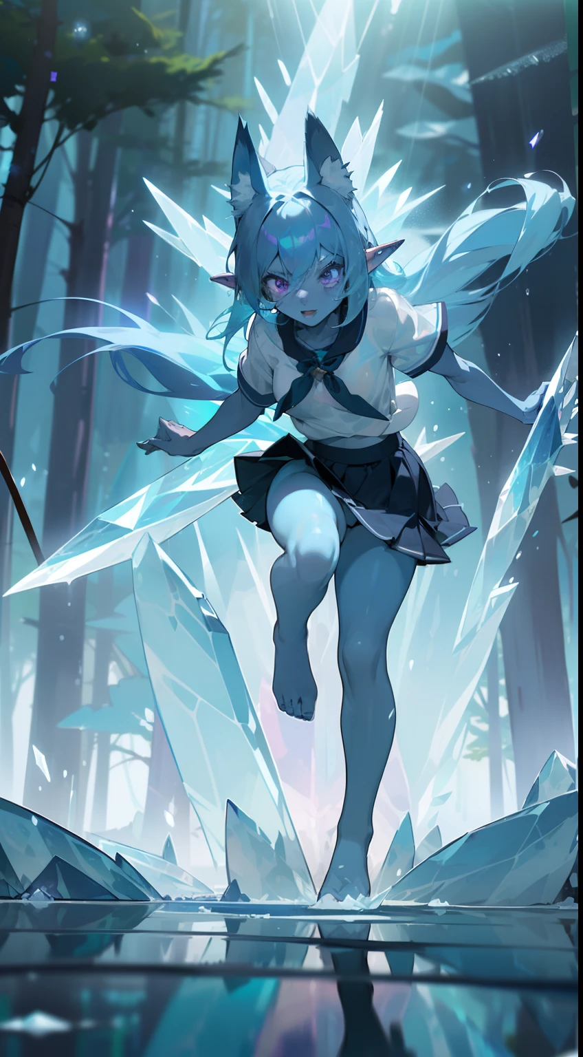 1girl water spirit,20s,solo,(((blue skin))),serious face,(((white school shirt))),(((black scholl skirt))),small tits,(((light blue hair))),long hair,sexy,purple eyes,elves ears,fox ears,lustrous body,barefoot,(((standing in front of a forest))),(((attacking with magic of ice crystals))),running