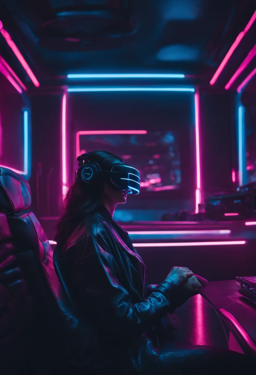 digital nirvana, vr headset ad view , 
Estilo Cyberpunk livro aberto encima da mesa em sala escura, Cyberpunk, luz neon, 8k, azul e rosa, cyberpunk