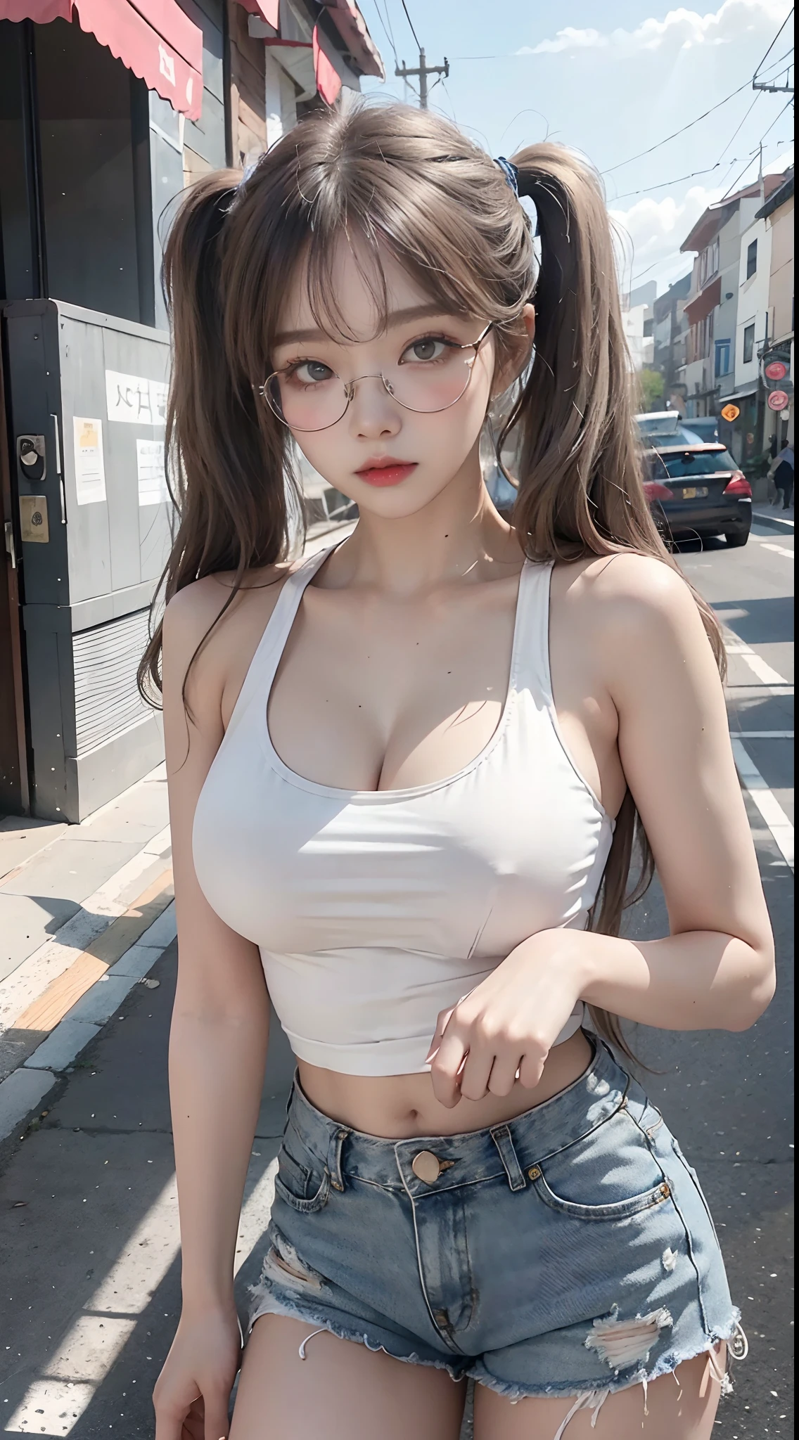 Top image quality、Raw photography、超A high resolution、18-year-old Korean、Glasses beauty、Colossal tits:1.6、cleavage of the breast:1.6、Healthy complexion、shiny white skin、((twintails))、((Light brown silver hair))、Beautiful eyes with random colors、very thin lips、beautiful eyes finely detailed、elongated eyes、pale pink blush、long eyeslashes、Beautiful double eyelids、eyeshadows、耳Nipple Ring、(Fashionable glasses、White tight tank top、denim short pants、Beautiful legs、Attractive thighs)、street snap、moderate leg thickness、Shot with emphasis on the legs、is standing、Photograph the whole body