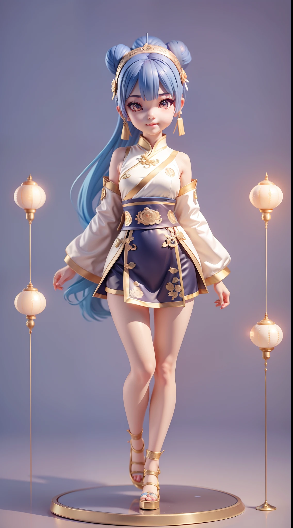 lens flare glow,Thin waist narrow waist,The look of the kawaii,Flat-chested sister,slimfigure,ssmile,Navy blue hair,Golden pupils。Chinese hair bun, Oriental antique,Attractive 3D Vector Art。