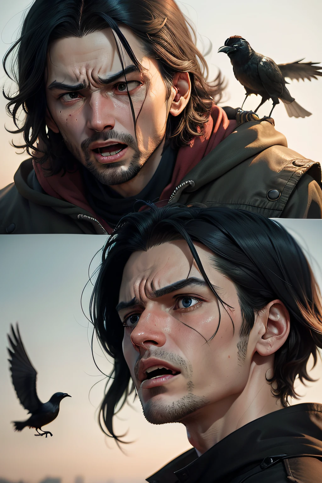 2. The Narrator's Expression: An image that captures the expression of agony on the narrator's face as he interacts with the crow.