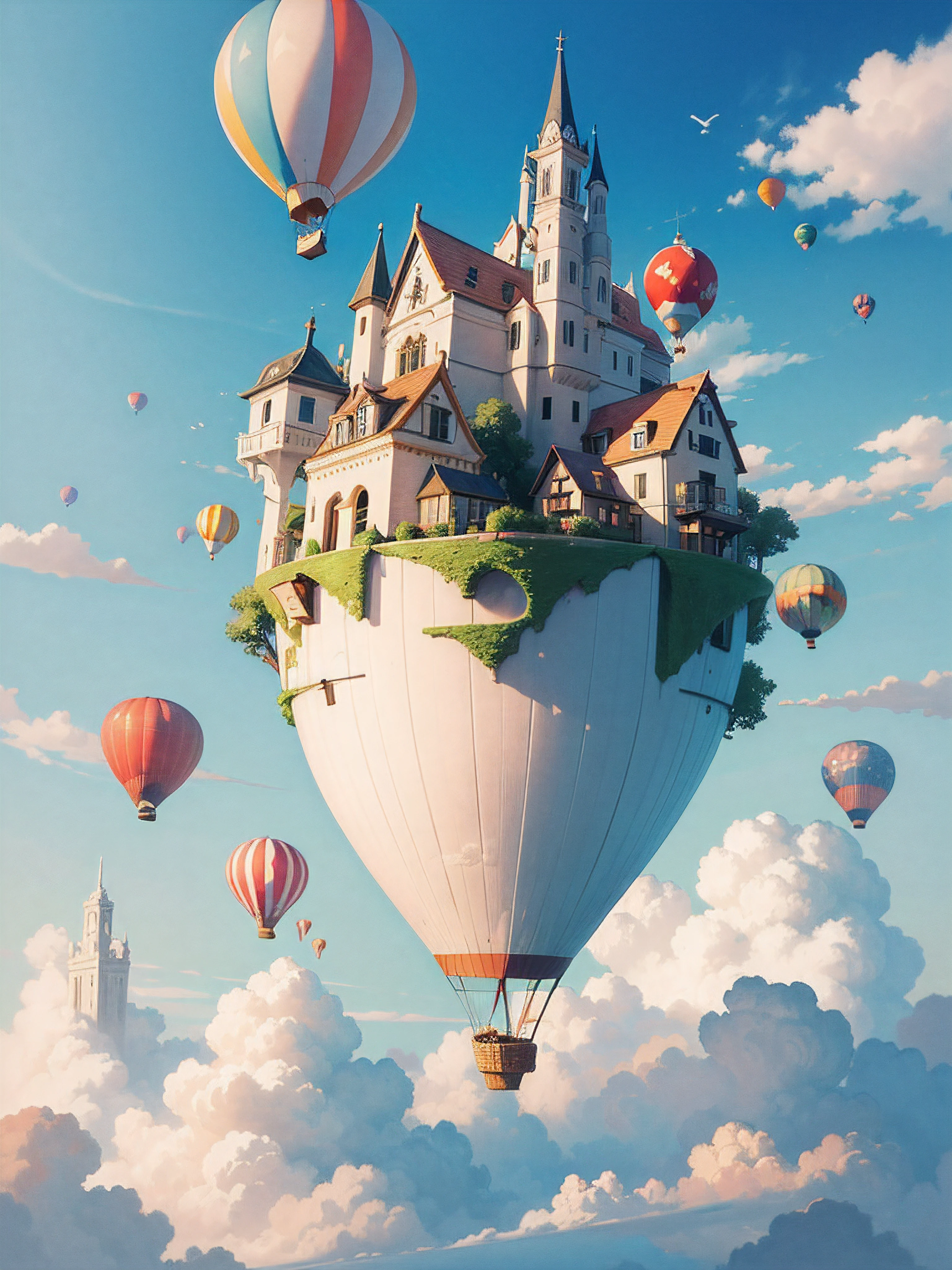 A whimsical floating city in the sky, houses on clouds, hot air balloons navigating, birds wearing hats flying by, a world where the ordinary meets the extraordinary, Illustration, digital drawing in Procreate