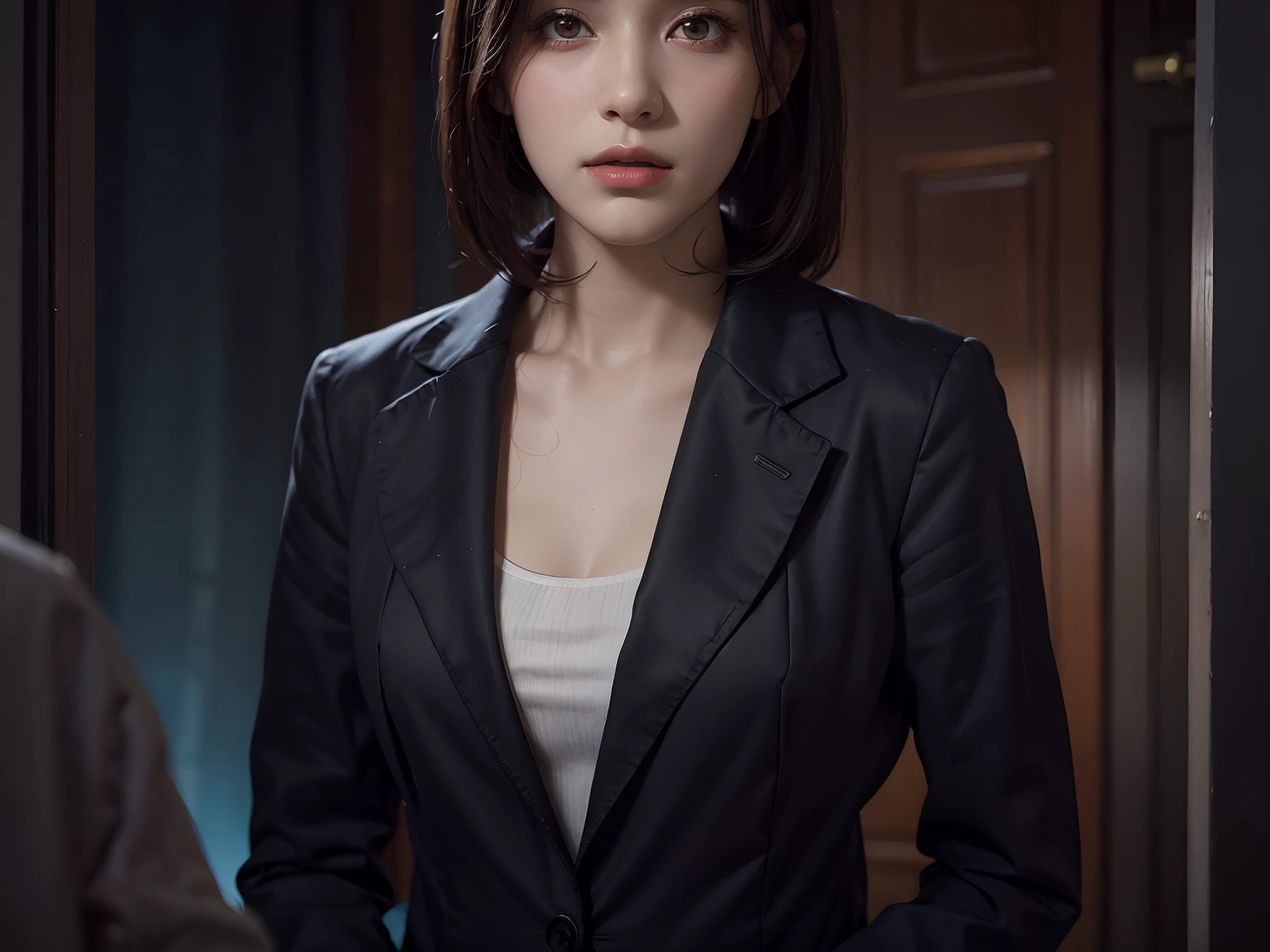 Portrait of a female hyperrealist by David Hockney and Alphonse Mucha、Fantasyart、Photorealsitic、动态照明、art  stations、poster for、Volumetric lighting、extra detailed face、4 k、Award-winning、Bright background、1girl in、Dark、deep-shadows、lowkey、Black Suit、Brown hair、