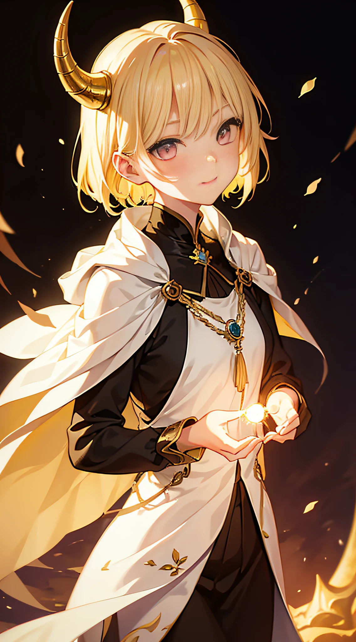 (Girl with dragon horns, Short hair, Light yellow hair), Pink eyes, Shy,Light smile,Reflective, Subtle blush, Black coat, (Best quality, mediating: Oil painting), full bodyesbian, Detailed background, Vibrant colors, Soft lighting, mystical ambiance, Ethereal beauty, Magical elements