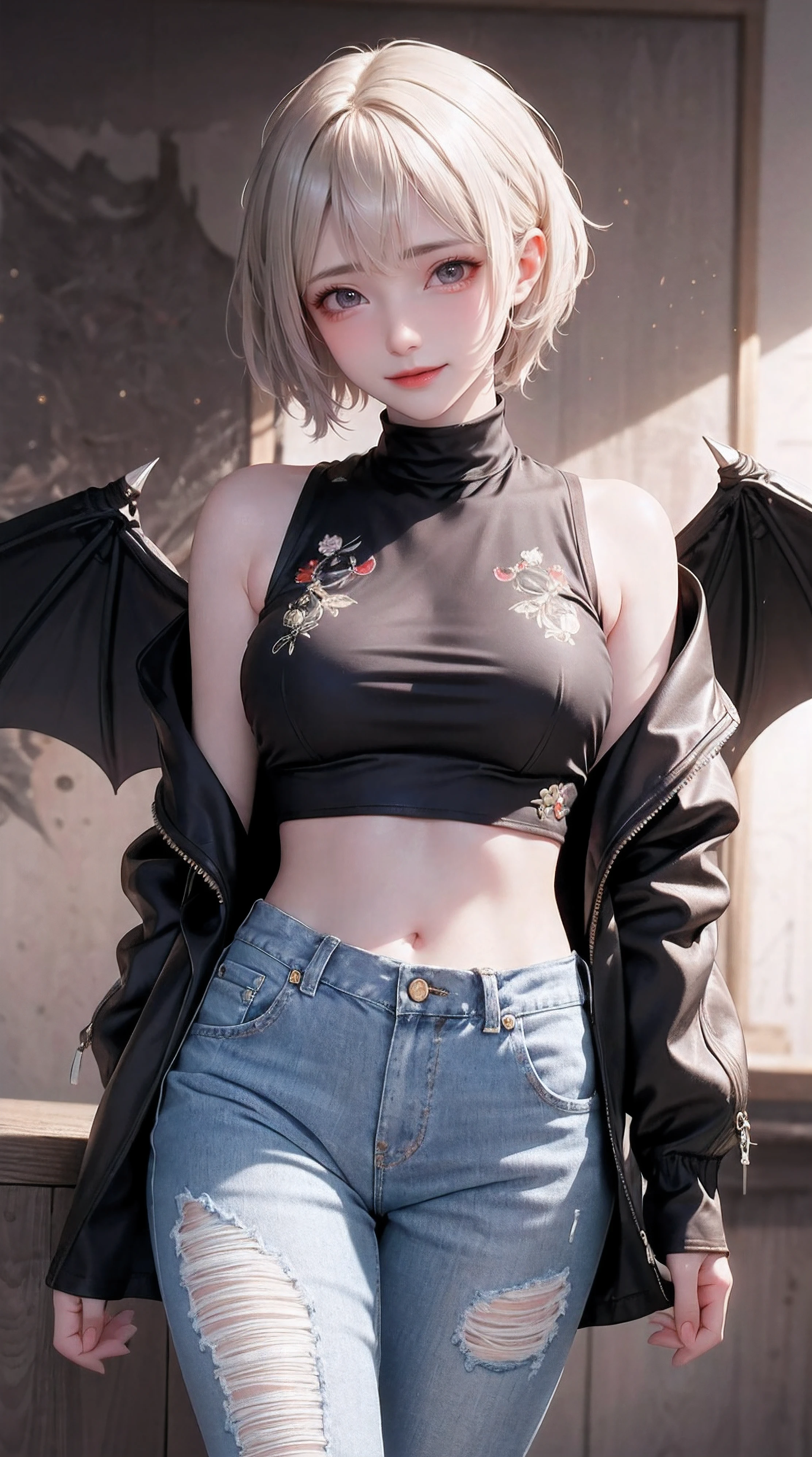 masterpiece、hightquality、1girl in、Cool、独奏、middlebreasts、short-hair、(hair between eye)、(00BFFE Pixie Cut)、Bat Wings、Disappointed face、toppless、(pierced nipple、Cropped flared jeans、Leather Blazer)
