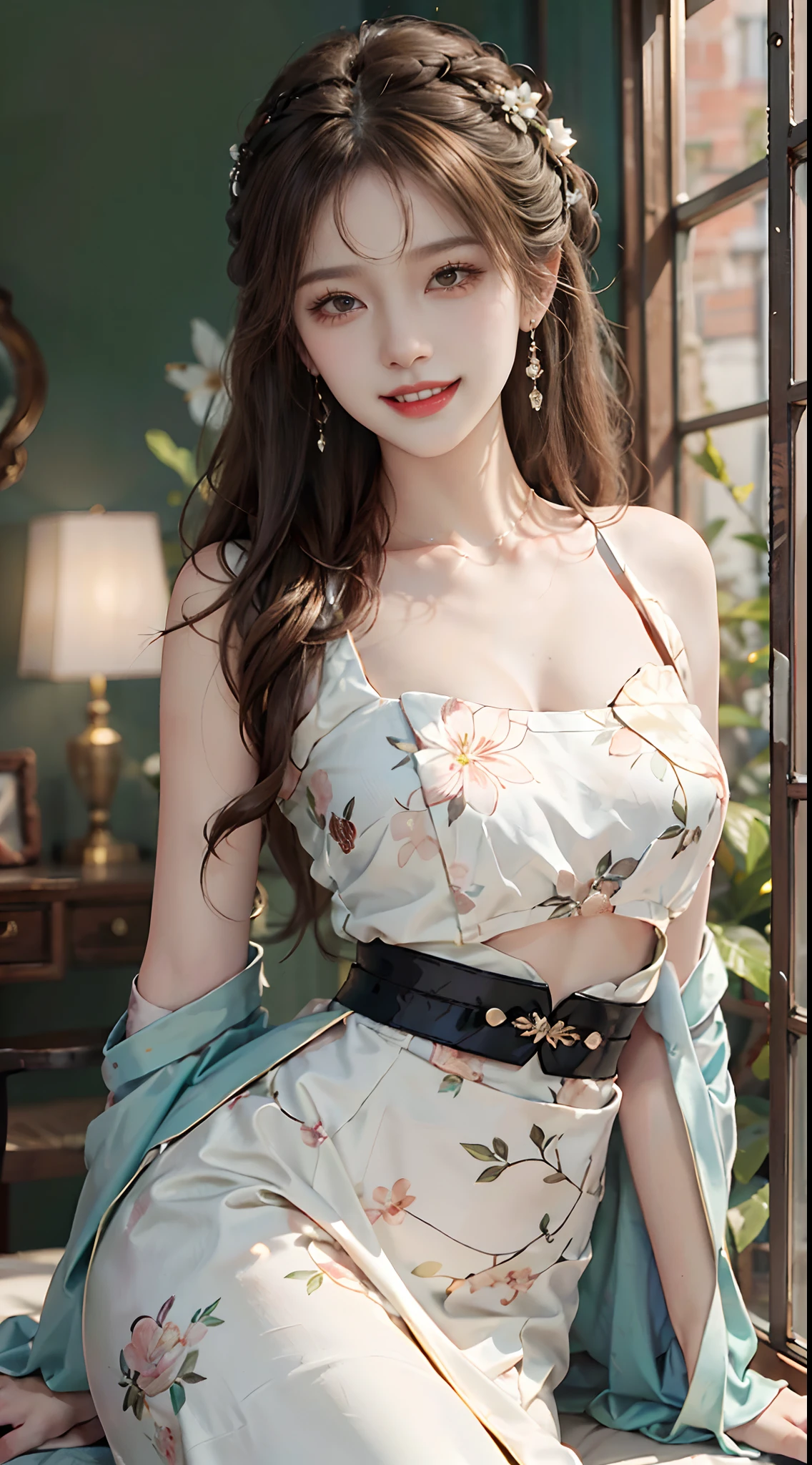 best quality,Super detailed,masterpiece,Employment,8k,Extremely detailed CG unifies 8k, 8k, diamond, and wallpaper，lifelike, Surreal, The original, Intricate details，Detailed face，Exquisite eyes, Skin smooth and soft, Delicate face, Big shining eyes，1 beautiful女孩, 18 years old， Super beautiful face details, Smiling shyly, Medium breasts, (best quality),[masterpiece],((beautiful:0.75) Cute girl:0.75),Long hair,Knees up,necklace,Jewelry,Looking at the audience,Front camera,(Floral Background:1.2),Ancient Chinese Town,old Chinese building,dusk,Sunlight,Chinese garden, Printed dress,