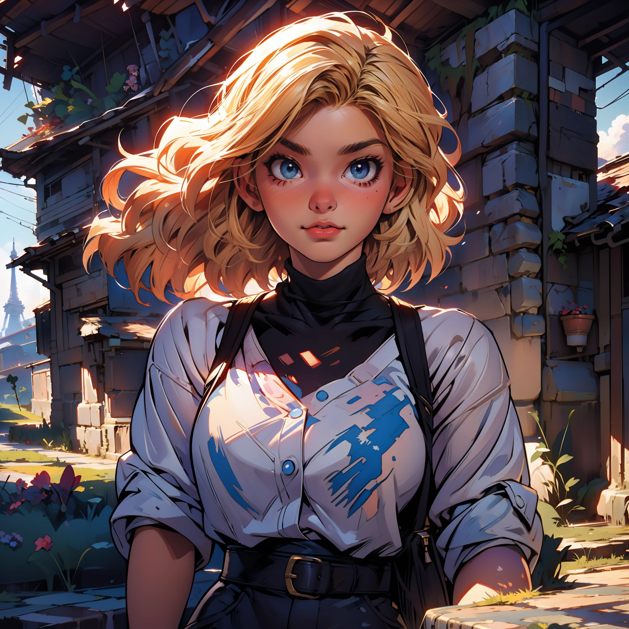 masterpiece, close up, digital paint, (Cute girl, 20 years old, blond short hair ), at the top of eiffel tower in paris by Jim Lee. 1990s \(style\),