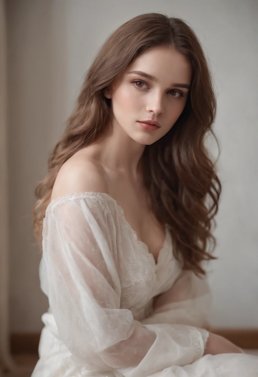 (belle Portoricaine oman) Photo of a 20-year-old European girl, raw, Beautiful woman, (Extra long wavy brown hair), (Portrait), (Detailed face:1.2), (detai led facial features)), (finely detailed skin), pale skin,, wrapped in a sheet, Bedroom environment, Sitting on the bed, (cold color), moist, moist, Reflectors, (masutepiece) (perfectly proportions) (photos realistic) (Best Quality) (Detailed) photographed in a Canon EOS R5, 50mm Lens, F/2.8, nffsw, (8K) (Wallpaper) (Cinematic lighting) (Dramatic Lighting) (foco nítido) (Convoluted) Fashion, Fro m above