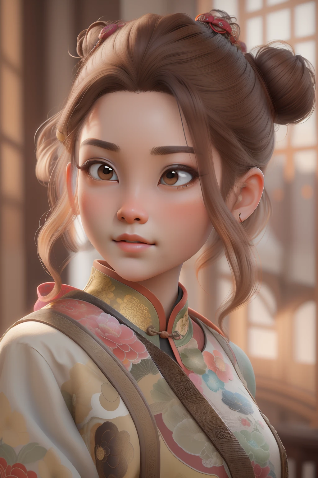 (Masterpiece, Best quality:1.2), 3 d desenho animado，1girll,Solo,Light brown hair, Chinese hair bun, Oriental antique，surrealism, Super detail, ccurate, Best quality, hyper HD, Masterpiece, Anatomically correct, A high resolution, 16k