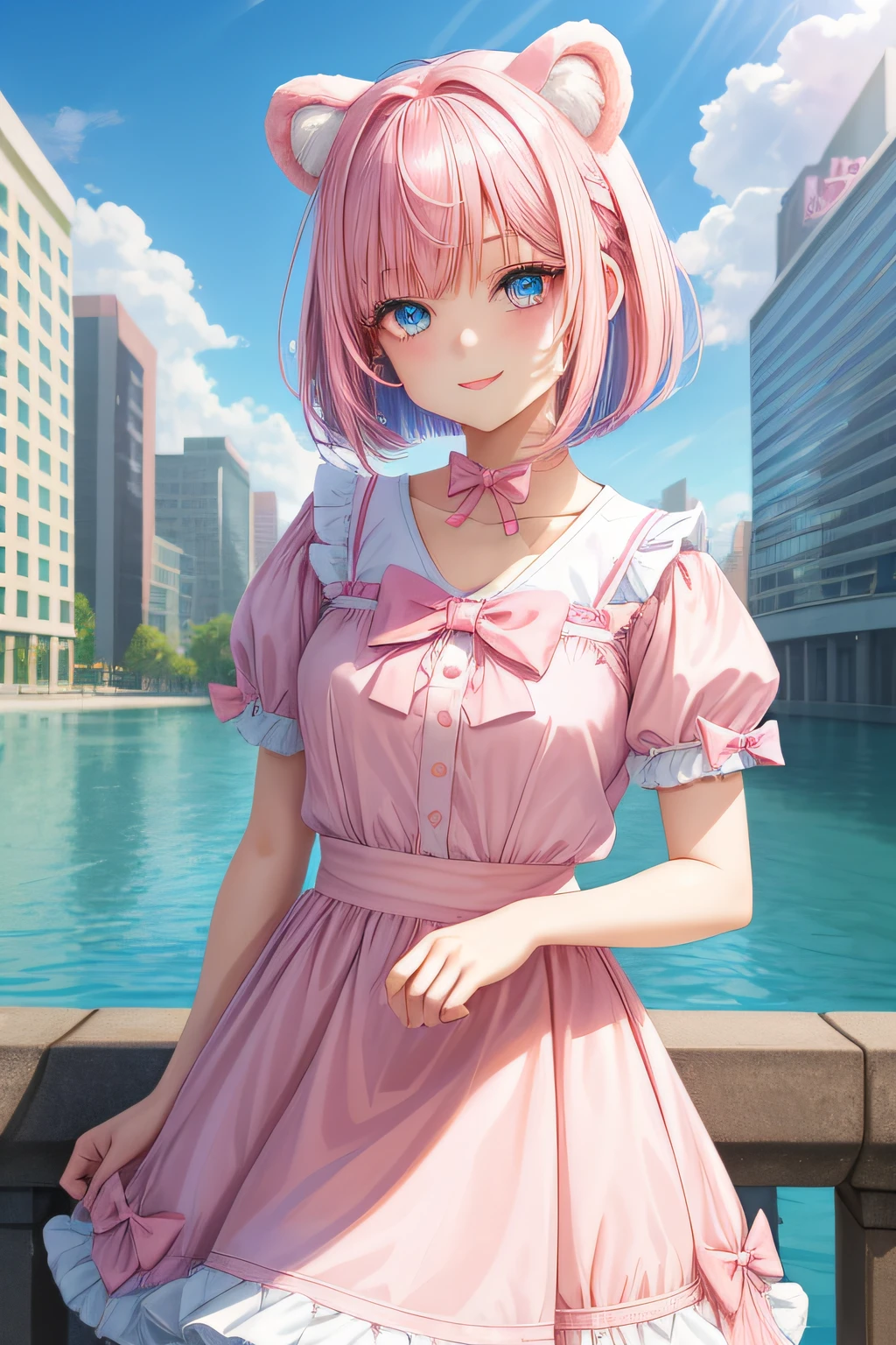 1girl in, Pink hair and pale blue eyes,  Fluffy animal ears, Looking at Viewer,Wear a short-sleeved T-shirt, Check skirt, Bangs, Short hair, Bow, Hair Bow, pink bows, A smile, Bear ears, bob cuts, tits out, Portrait, Upper body, city in background, Pale blue hair and pink eyes,