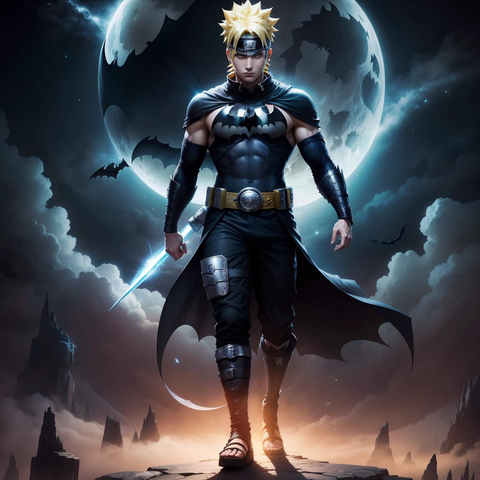 Naruto em uma fantasia de Batman, iluminado por um luar brilhante, in a heroic pose.