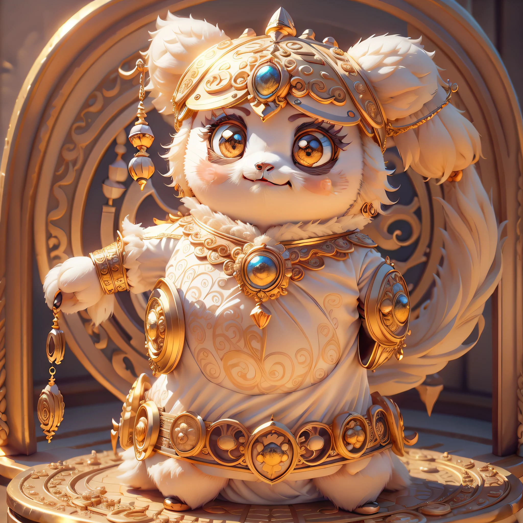 Super cute panda with big eyes, Dressed in white and gold ethnic style clothing, adorable expression, Charming smile, Super high detail, solid color backdrop, Exquisite, 3d effect, a blind box toy, Garage Kit, super high precision, Perfect lighting, OC renderer, blender, 8K, Super clear, Super noise reduction