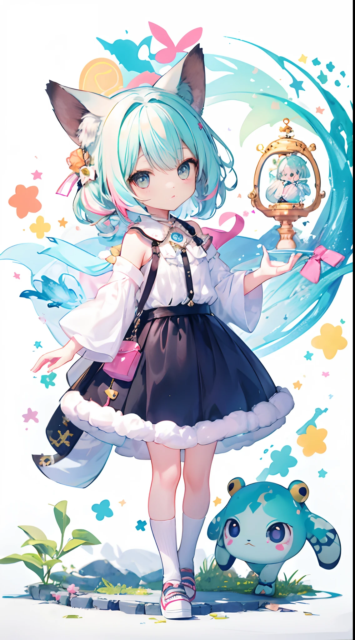 ((a sticker:1.5))), ((chibi character)), (white backgrounid), fluffly, Girl vs, Wizard's costume, full body Esbian, pastel-colored hair, Pastel colors hair, fairytale-like, T-shirt design, tmasterpiece, best qualtiy,Shining eyes、Cute Turtle!!tchibi!!!,(Chibi Yala)