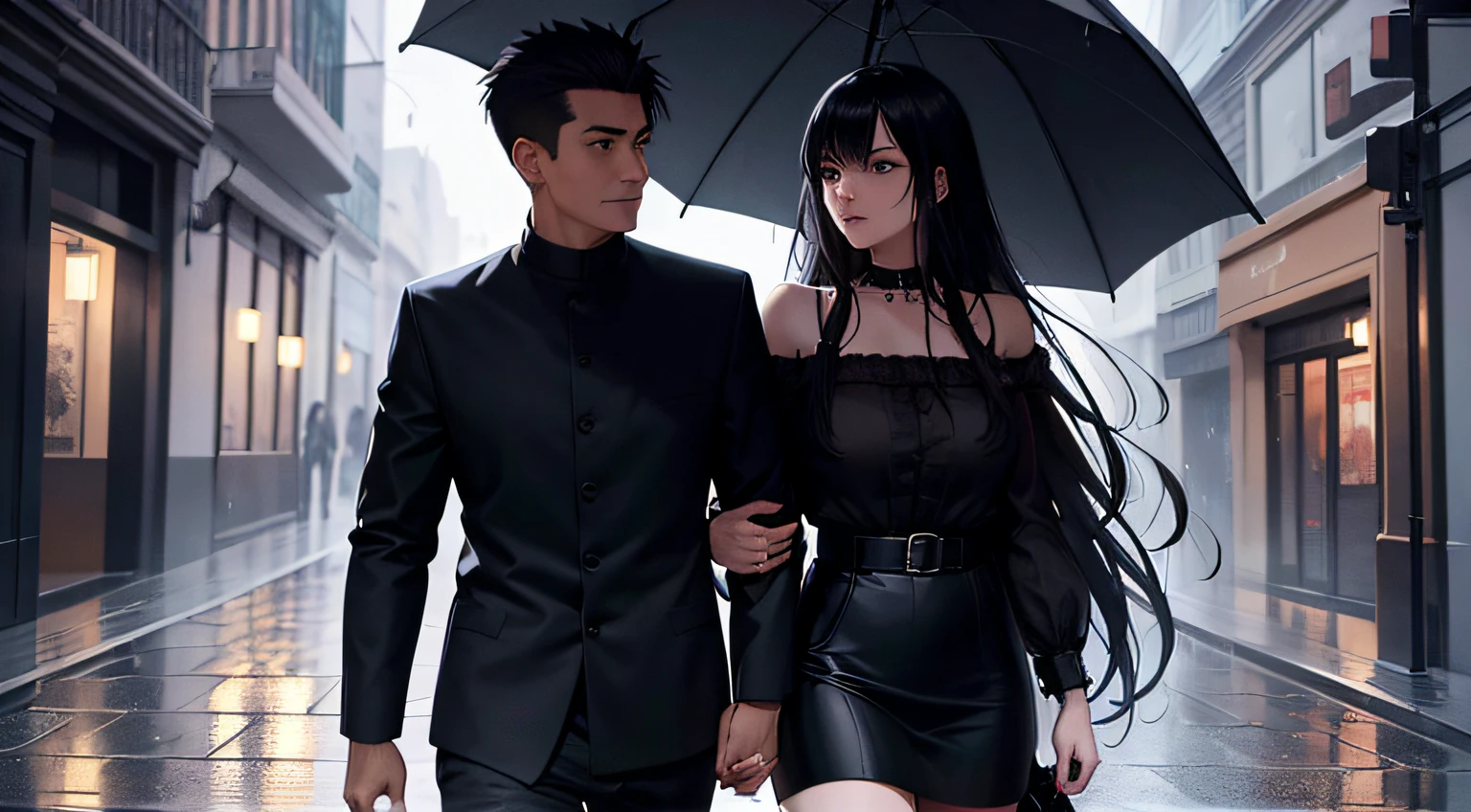 8k, masterpiece, extreme detail, expressive background, expressive clothing, 2 happy couples walking in a rainy streets, girl has long black hair while boy has short blond spiky hair