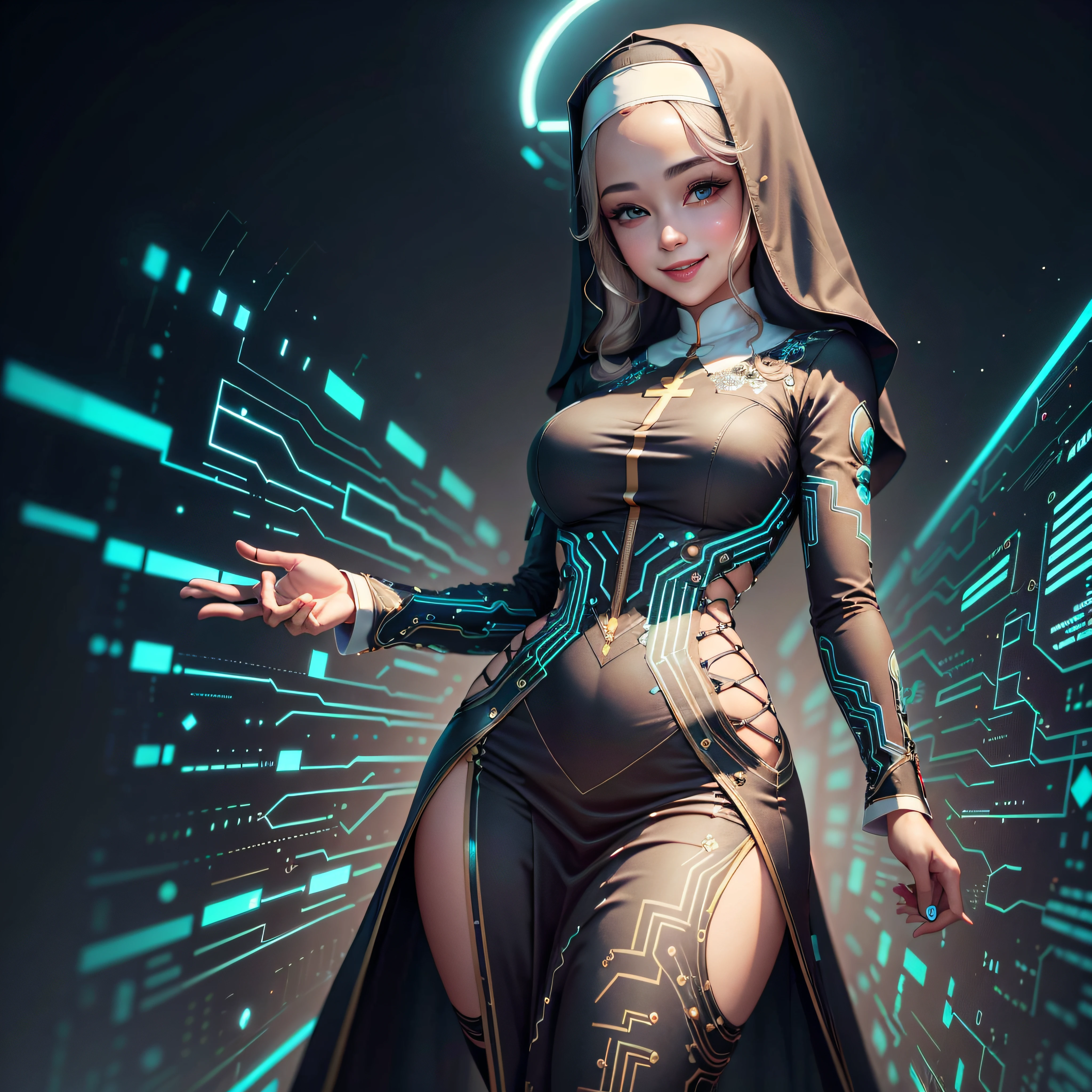 CircuitBoardAI dress  on woman nun, seductive, smile