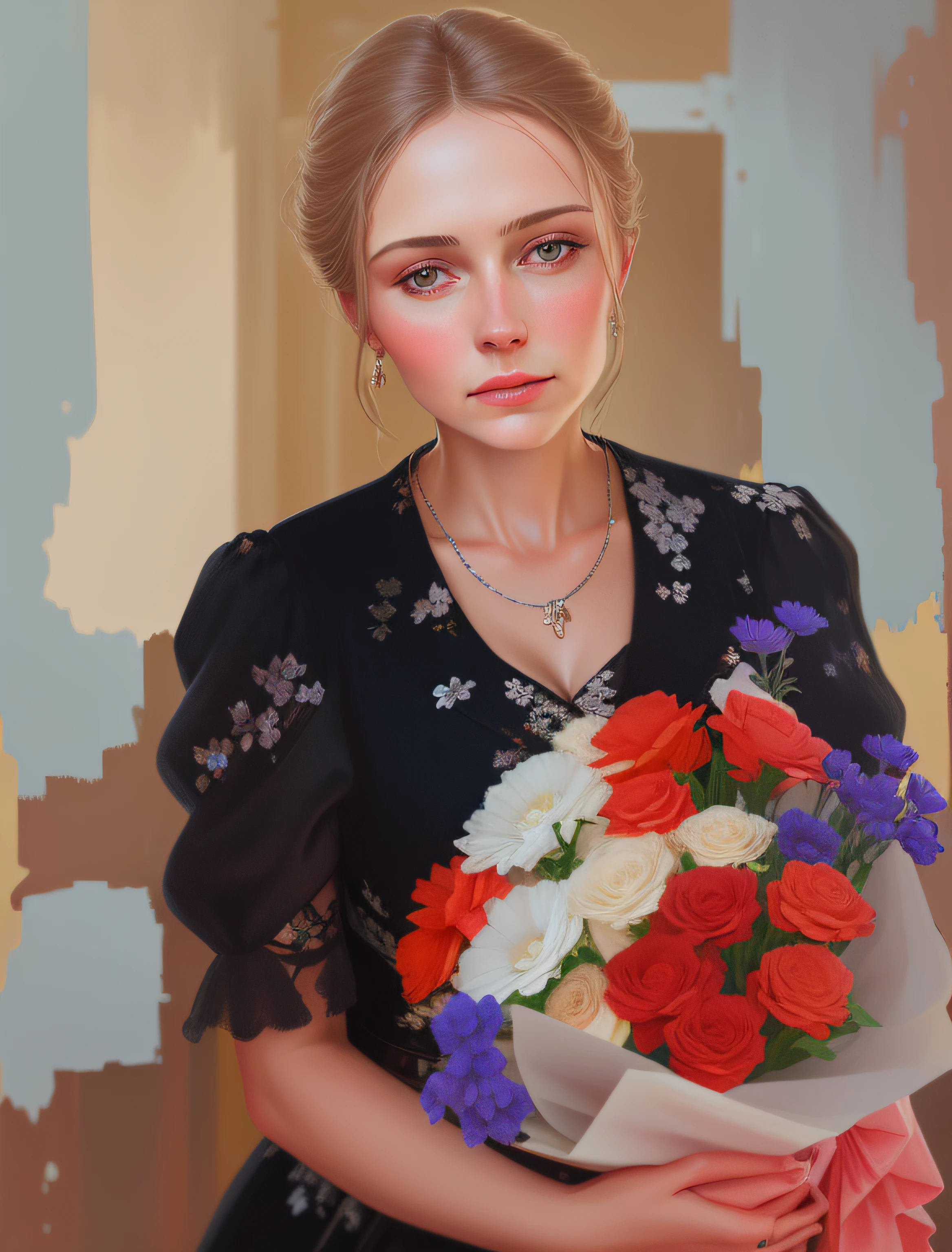 There is a woman, holding a bouquet of flowers in her hands, airbrush digital oil painting, alina ivanchenko, in the style of oil painting, color portrait, digital art portrait, detailed color portrait, High Quality Portrait, maia sandu hyperrealistic, digital art of an elegant, stylized portrait, digital illustration portrait, digital art image