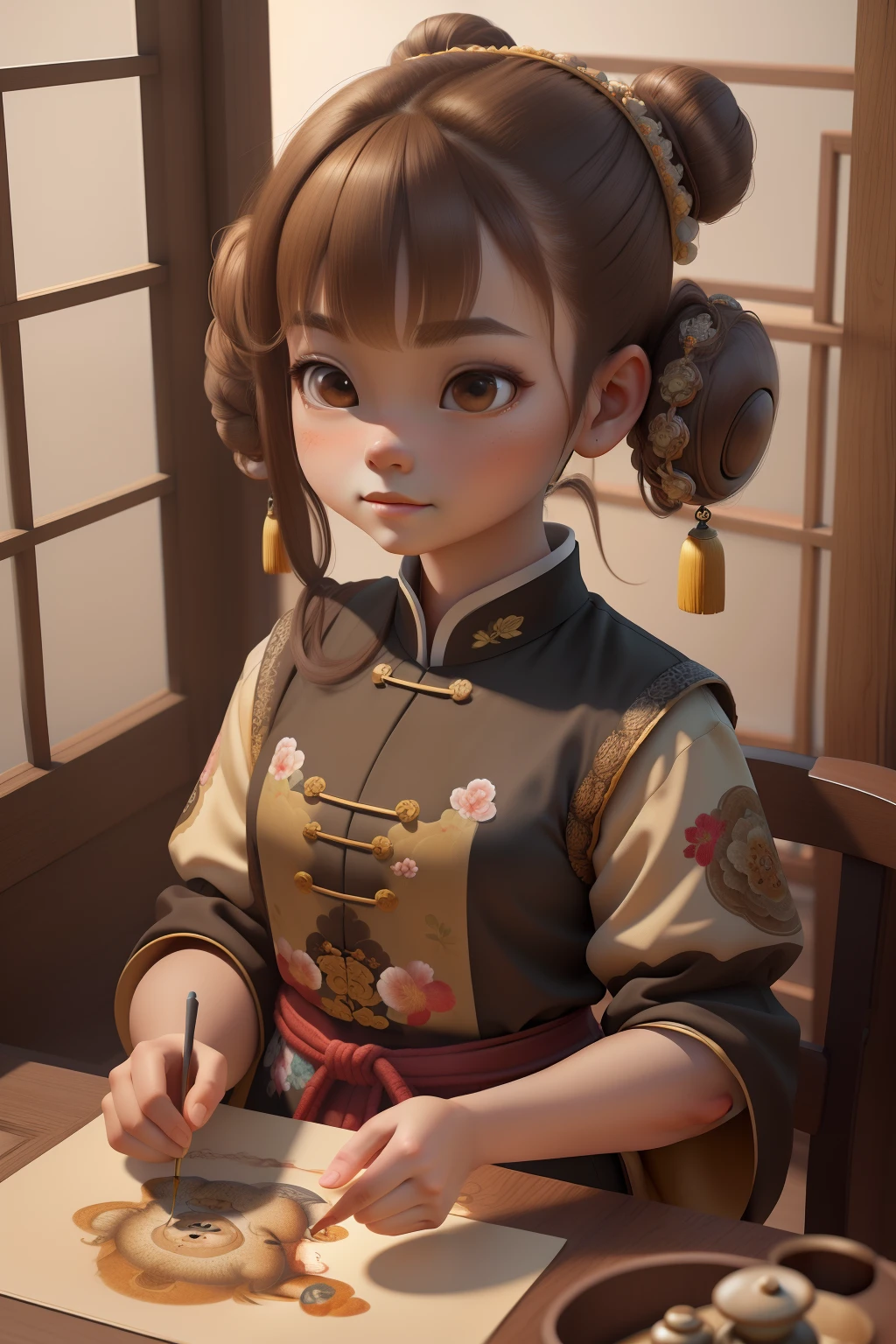 (Masterpiece, Best quality:1.2), 3 d desenho animado,1girll,Solo,Light brown hair, Chinese hair bun, Oriental antique,surrealism, Super detail, ccurate, Best quality, hyper HD, Masterpiece, Anatomically correct, A high resolution, 16k