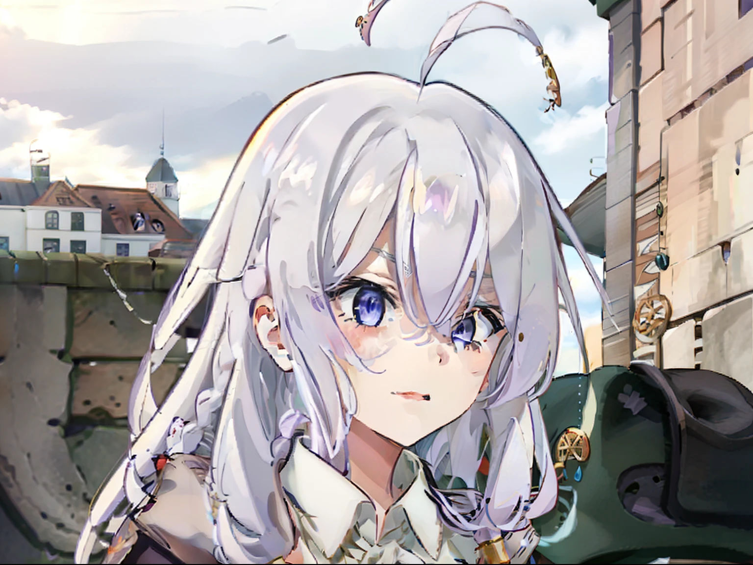 1womanl，Purple Eye，Silvery hair，Long whit hair，Irena，Filigree，komono，badges，White collar blouse，