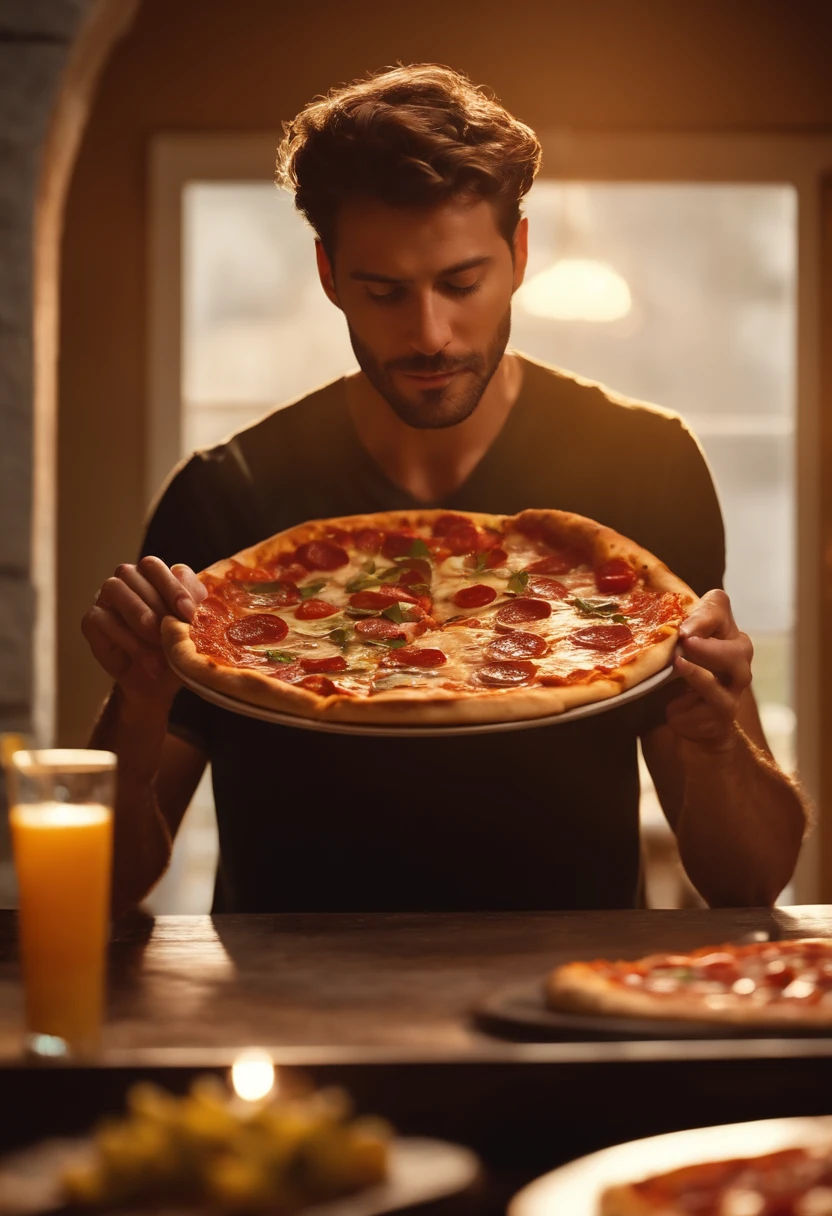 homem segurando um pizza na frente de seu rosto, advertisement, comerciais 4K