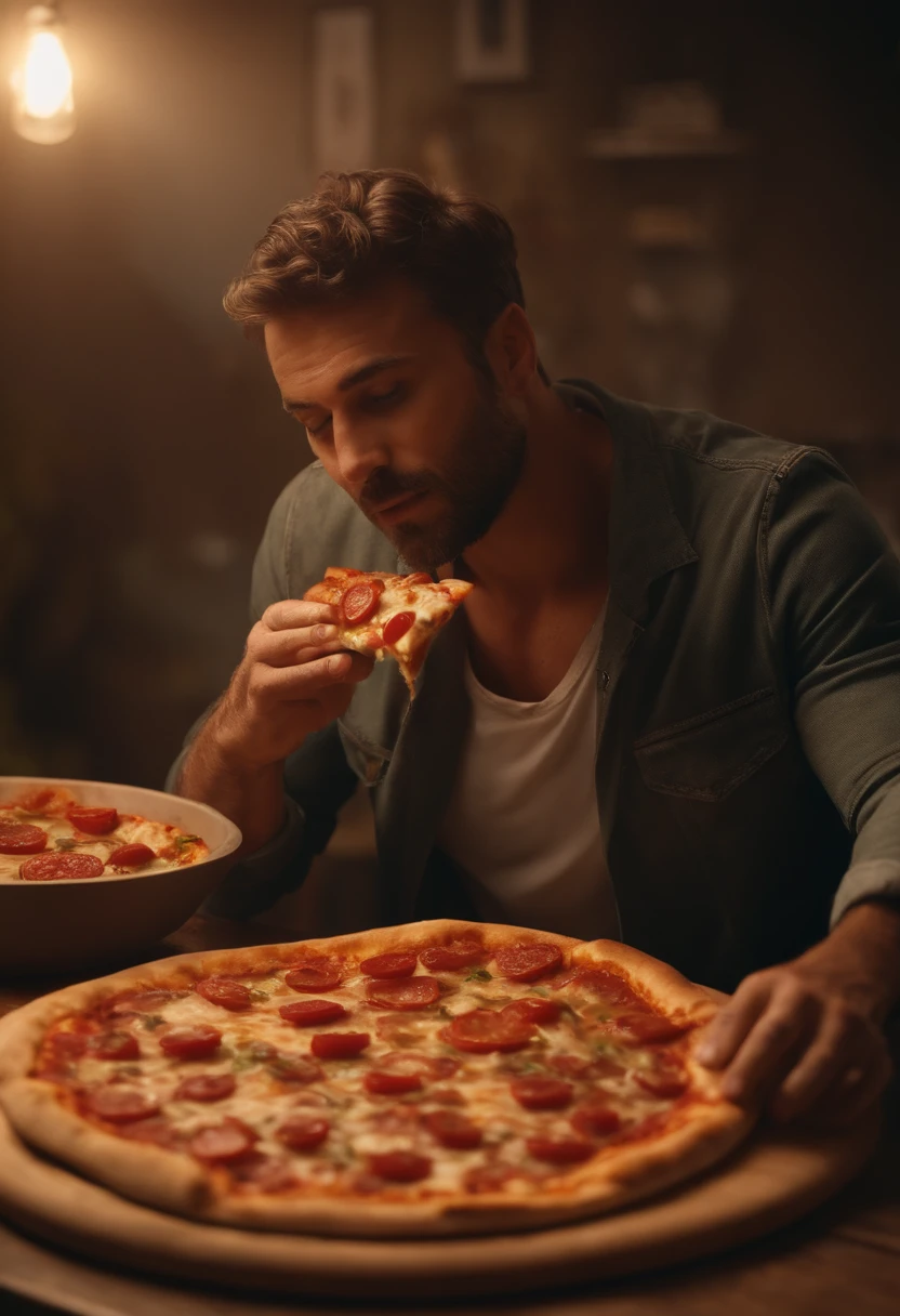 homem segurando um pizza na frente de seu rosto, advertisement, comerciais 4K