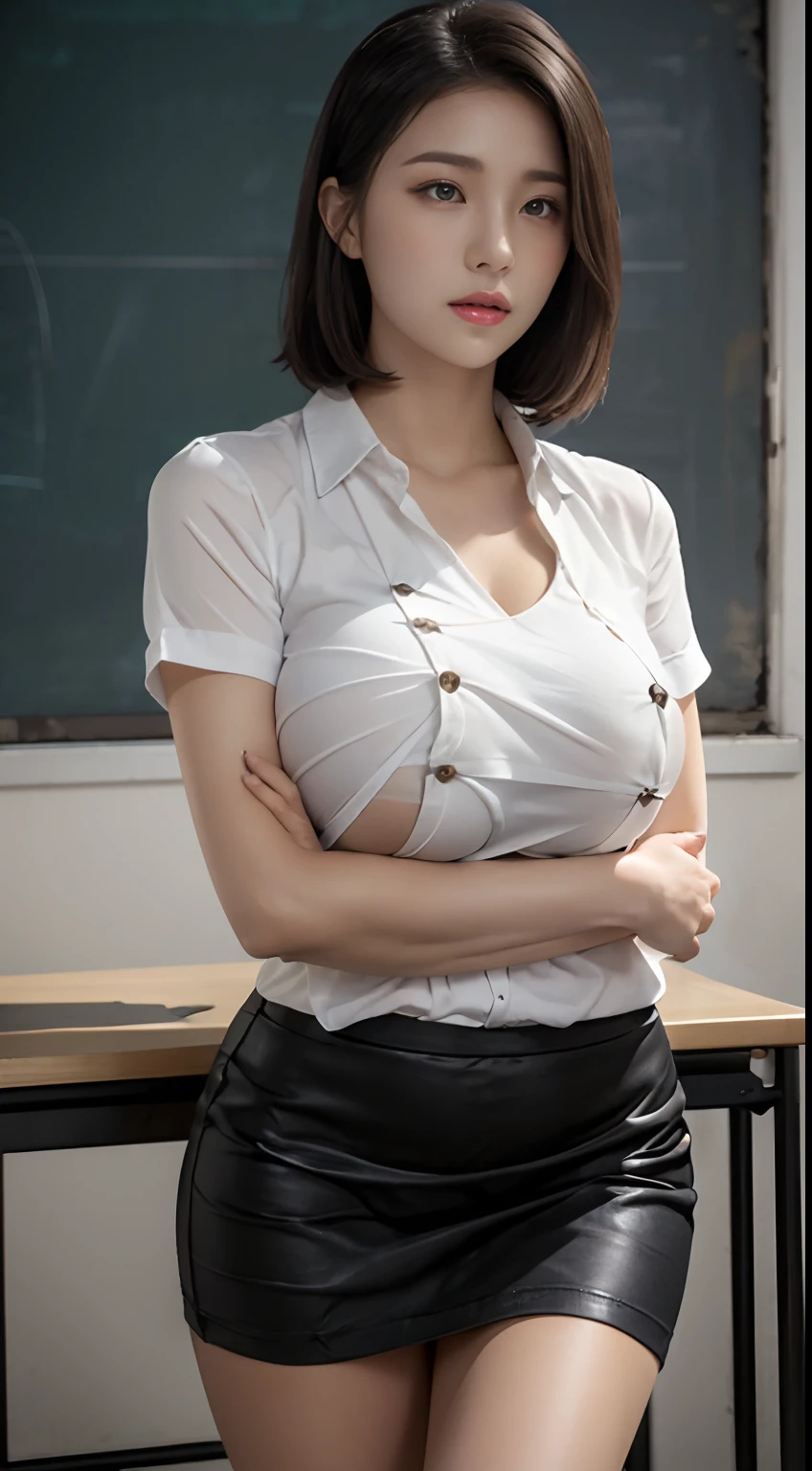 Best quality, Masterpiece, 超高分辨率, (Photorealistic:1.7), RAW photo, Beautiful woman, She is a teacher, Short Bob Hair, (Bigboobs:1.3), Sexy body, Big ass, Big hips, standing, ((Crossed arms, Arm breasts)), Blush, She looked frustrated, Sexy female teacher, tcu, ((White color blouse, Short black skirt)), view the viewer, sitting the desk, Classroom