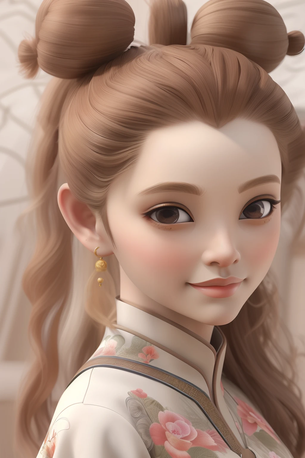 (Masterpiece, Best quality:1.2), 3 d desenho animado,1girll,Solo,Light brown hair, Chinese hair bun, Oriental antique,surrealism, Super detail, ccurate, Best quality, hyper HD, Masterpiece, Anatomically correct, A high resolution, 16k