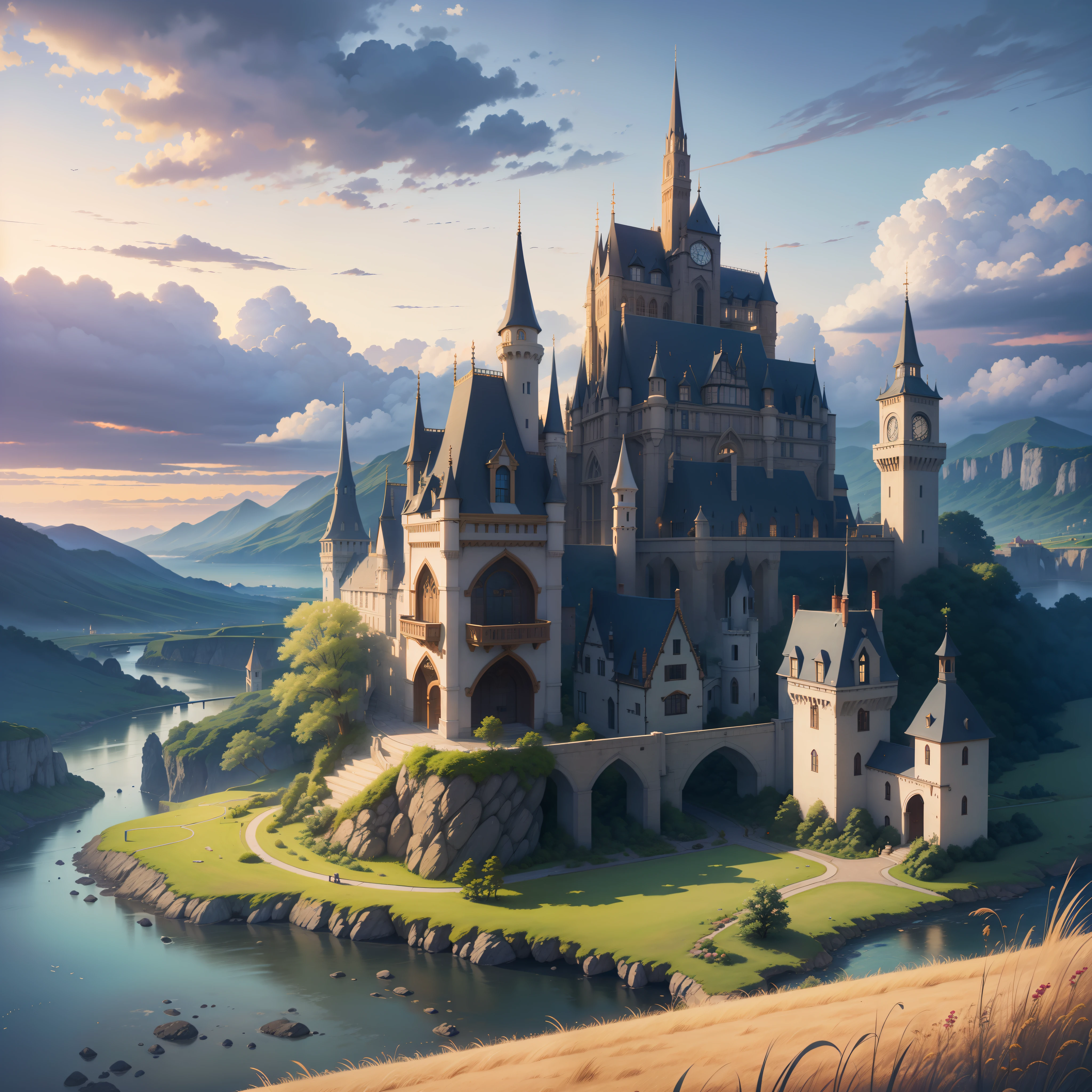 (((best quality))), high saturation, clear, reasonable structure, cartoon style, architecture, bridge, construction, castle, chimney, cloud, cloudy_sky, day, fantasy, door, grass, house, mountain, no_humans, outdoor, river, landscape, sky, sunset, tree, window, wheat field, wheat, jk maiden, smile, cute, blue skirt, white top