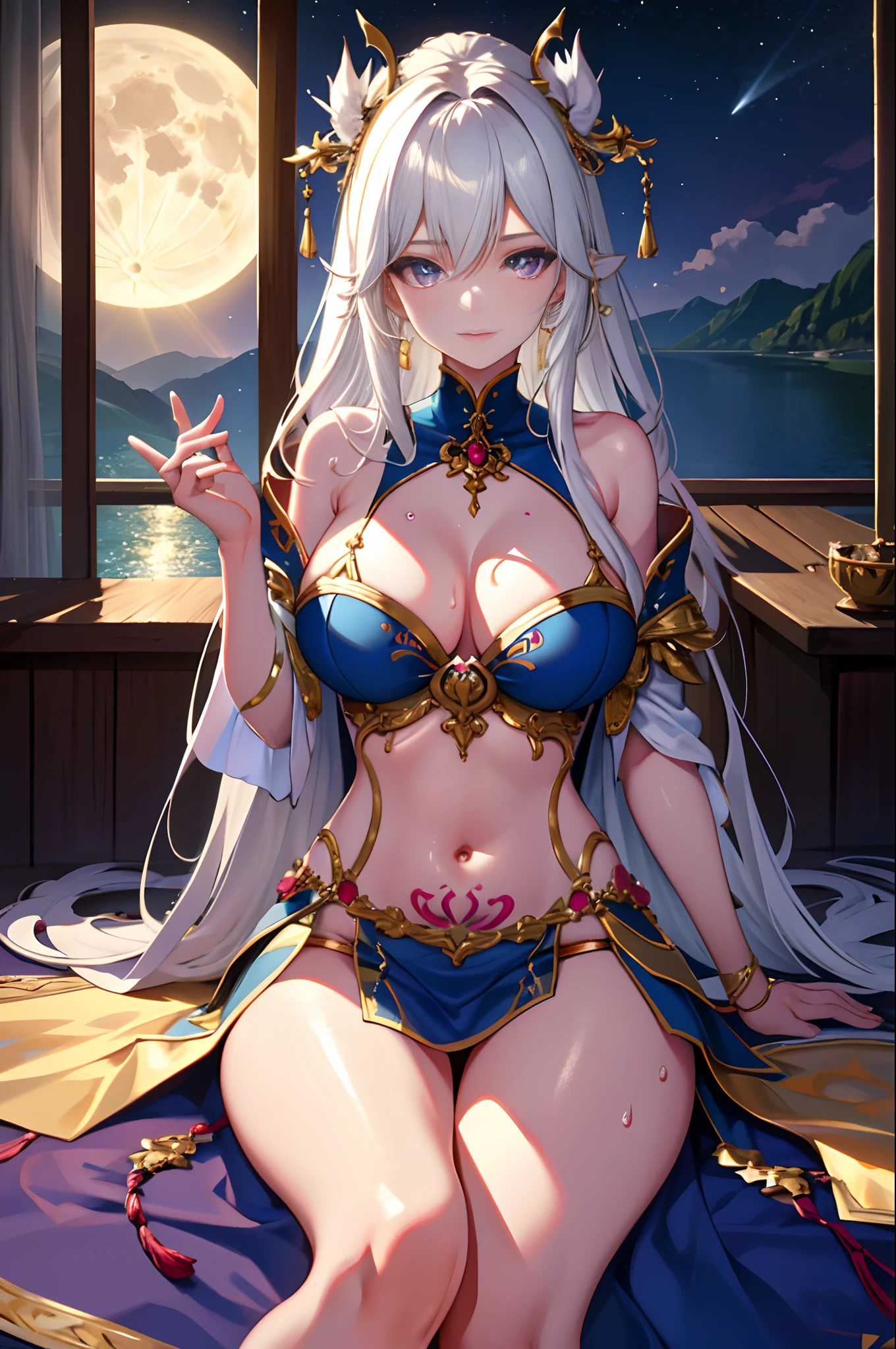 A high resolution, HighestQuali, illustration, Cinematic light, Ultra detailed, Detailed face, (Detailed eyes), Best quality, ultra - detailed, Masterpiece, (Detailed face),1girll, Girl, White hair, Purple eyes, highest details, glowing light eyes, medium breats, sit on a bed, Sitting,,Stripped,Exposing female genital organs,Flow liquid, Bed, window, Night sky, Lake outside, Moon, full moon, back lit lighting, Light rays, (High contrast), (Colorful),s girl,a color,Gradient Long Hair,Heteropupil(Random),Take off your top,Strip your upper body(effect),revealing her belly,Tattooed with,best qualtiy,tmasterpiece,Extremely refined and beautiful,extremely detaile,8K,finely detailled,Take off your skirt,Strip your lower body(effect),Exposing female genital organs,Show long legs,Super camel toes,Hand optimization,Attention to detail,White matter of the skin,Shiny,Full Body Sweat,Lots of sweat,Adulterated,liquid milk,an female genital organs,Milk flows out