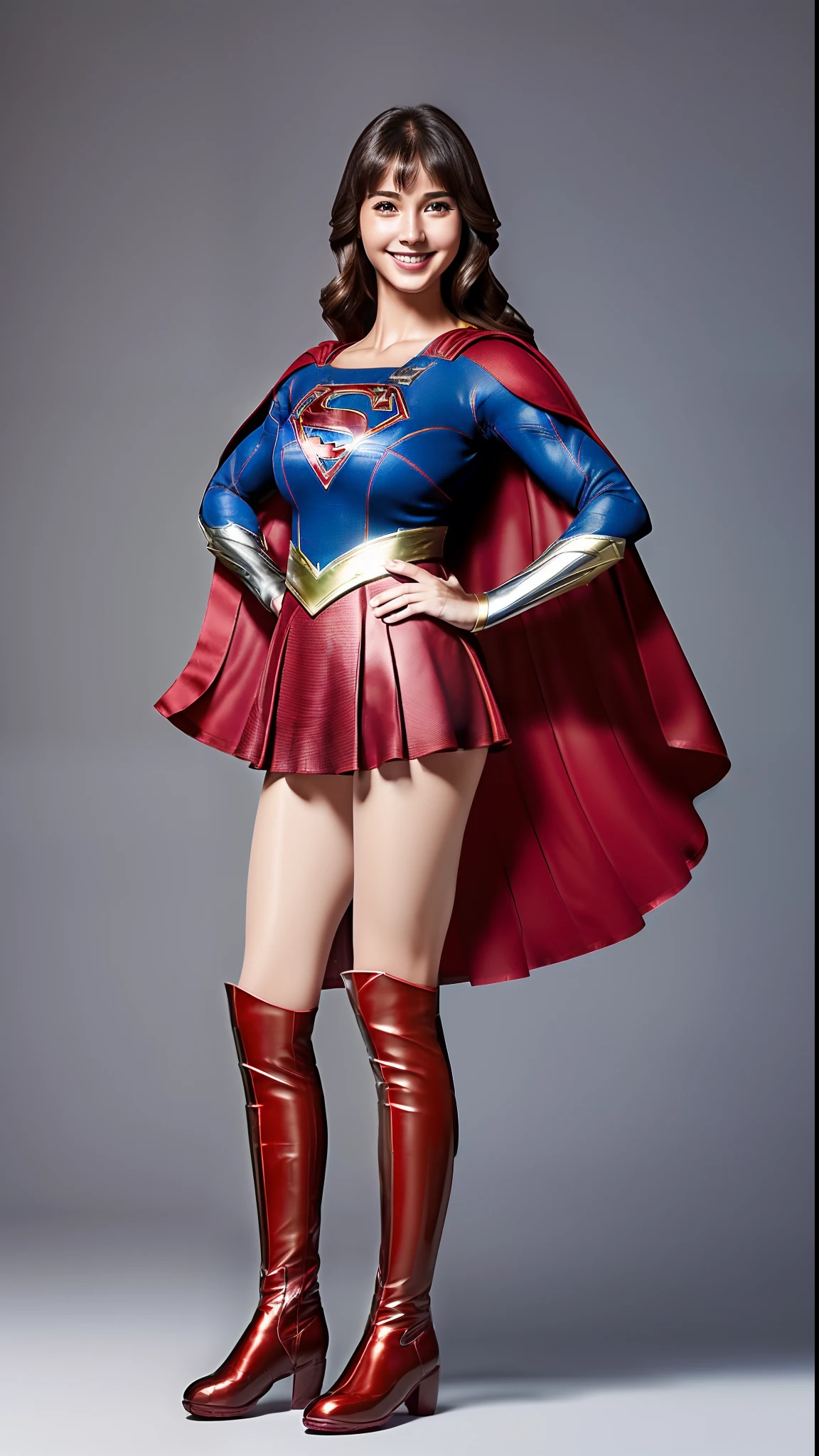 (((Make the most of the original image)))、(((Supergirl Costume)))、(((lustrous dark hair)))、(((Suffering)))、(((Feet must necessarily be worn with black tights)))、(((Smile)))、(((You need to wear red boots)))、((Top image quality、8K))、((top-quality、8K、masterpiece:1.3))、Crisp focus:1.2、Beautiful woman with perfect body shape:1.4、Slender Abs:1.2、((layers-Cut、large boob:1.2))、a wet body:1.5、Highly detailed facial and skin texture、