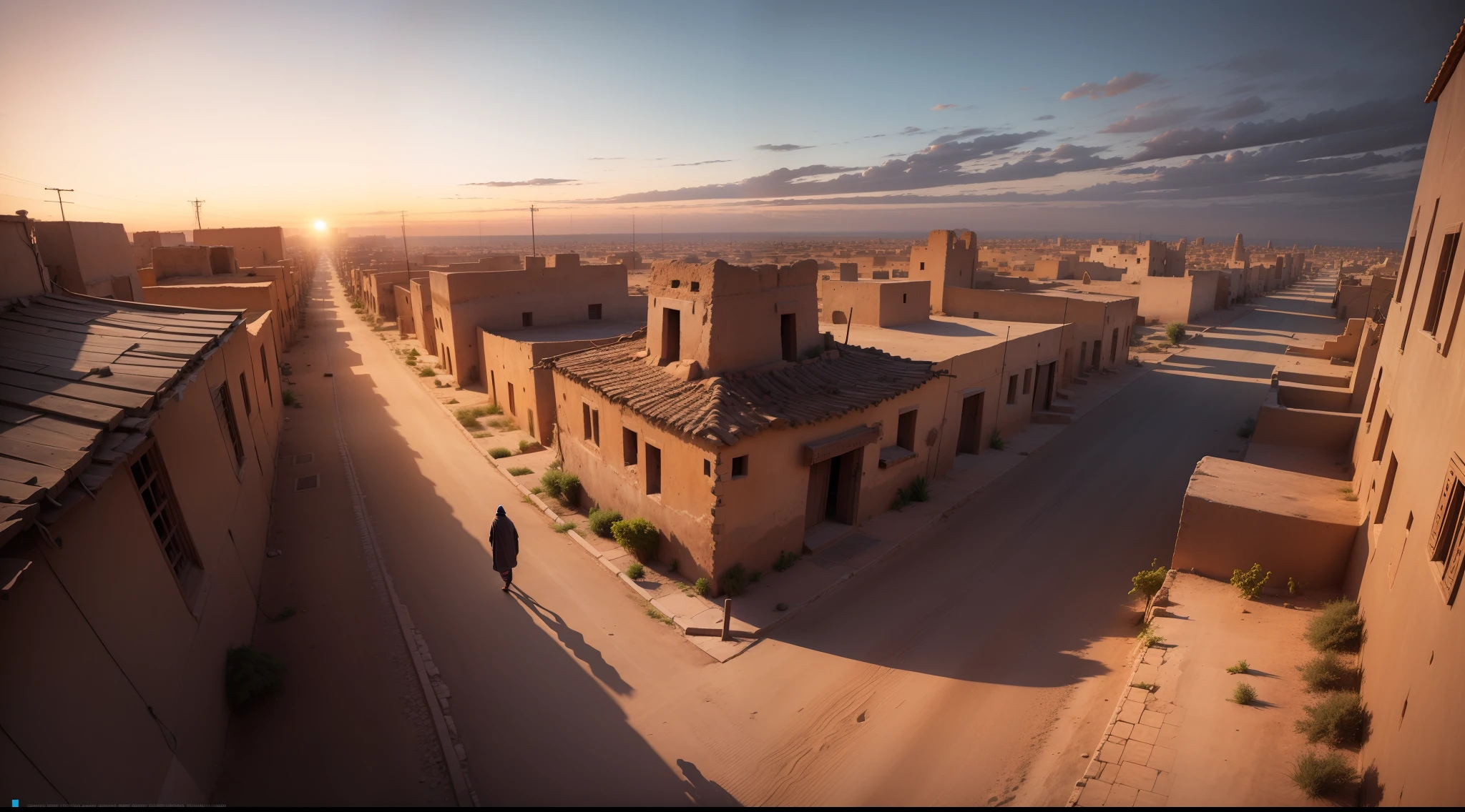 a man-latitude view of the ancient city of Timbuktu, street view, sunset hour. Vicoli, case con antichi portoni in legno. high contrast 4k hdr