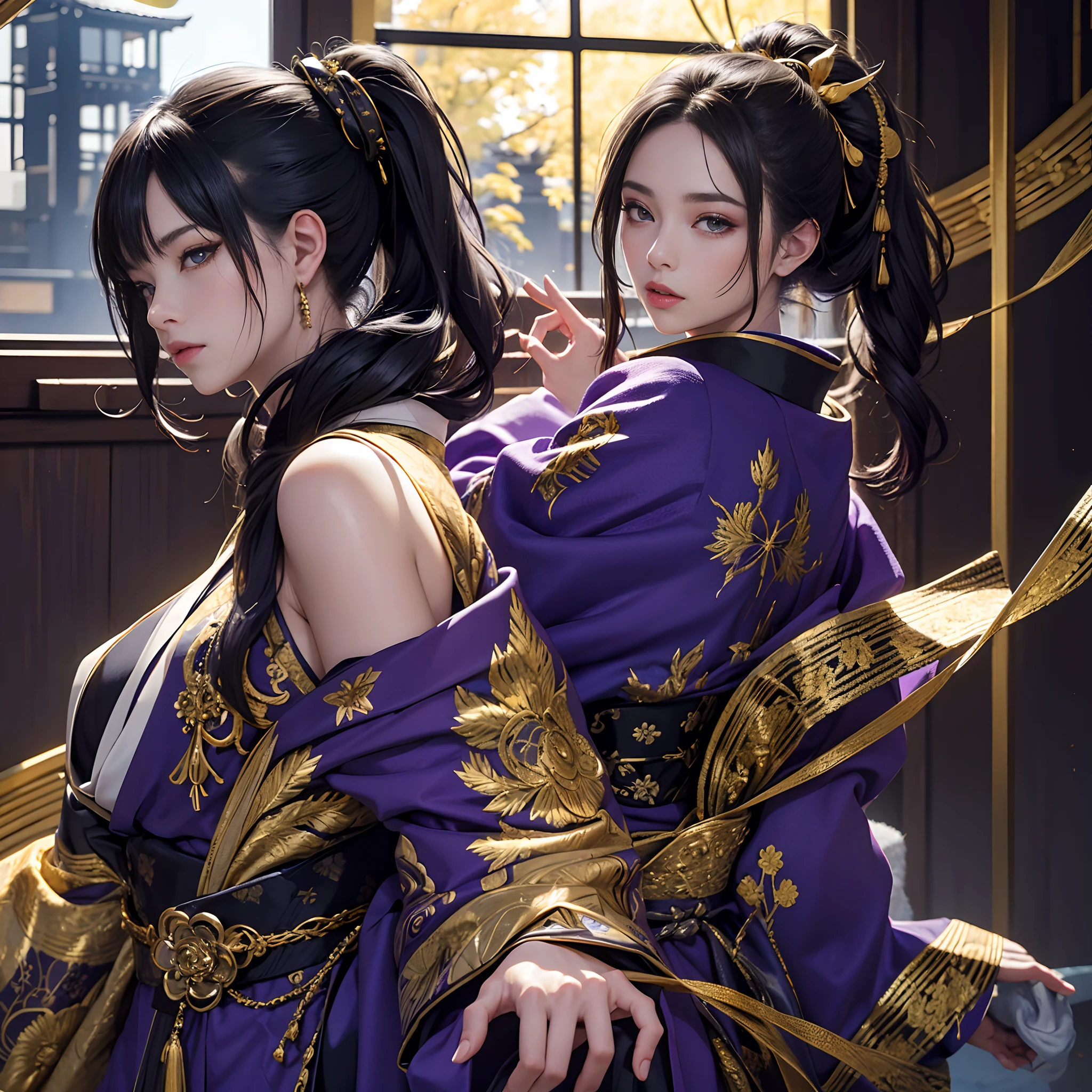 Luxury kimono(Black kimono(Detailed golden embroidery,Purple band))、odd eye、watching at viewers、Outside the window blue-sky Streets of Kyoto、Ponytail, Shiny hair, Full body, Mismatched pupils, Hyper-Realism, Verism, Realism, depth of fields, Cinematic lighting, Wide Shot, F/16, nffsw, high details, High quality, Textured skin, 8K, Best Quality, hight resolution
