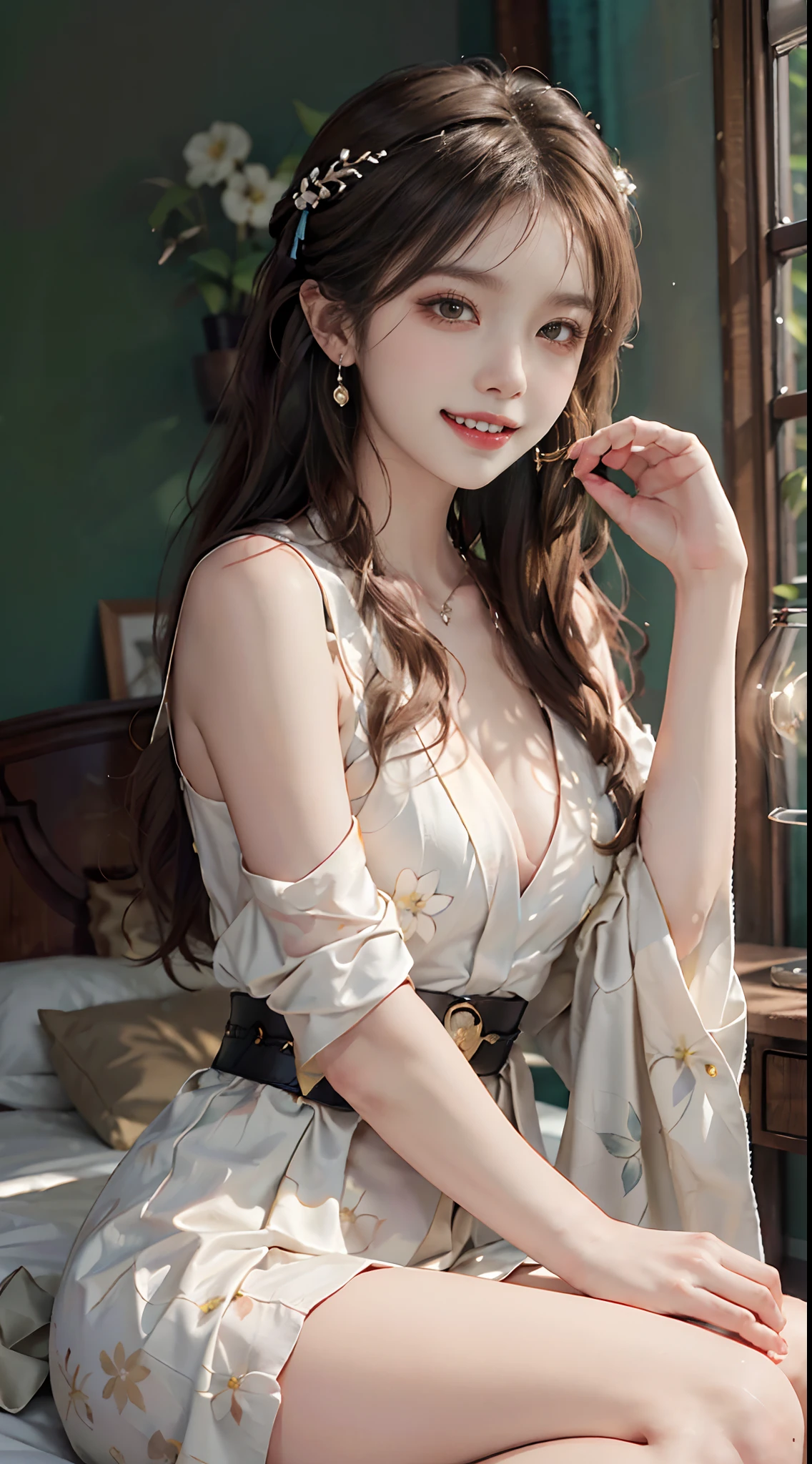 ((upper body)), ((Front Shooting)), ((realistic)), 1 Asian female model, A young girl, (Close up), (Being in the room, Sit Pose, Cross ed leg, Leaning against the dresser), Pleasing posture, Eye-catching poses, Detailed scenes, Coiled hair, Hairpins, Beautiful hair accessories, Brownish-yellow hair, light make-up, Blushlush, Gloss on lips, ((White floral Hanfu, Cover your chest, high-waist, Nice belt)), ((warm lights, a warm color palette)), (Extremely high color saturation), Detailed details, ultra-detailliert, (tmasterpiece, best qualtiy), (An extremely delicate and beautiful work), Delicate earrings, Delicate necklace, Simple blurred background, Extreme detail description, Ultra-fine painting, Delicate face, slim toned body, Slimming the waist, (grin, happy grin, Baring teeth), (anatomy correct)