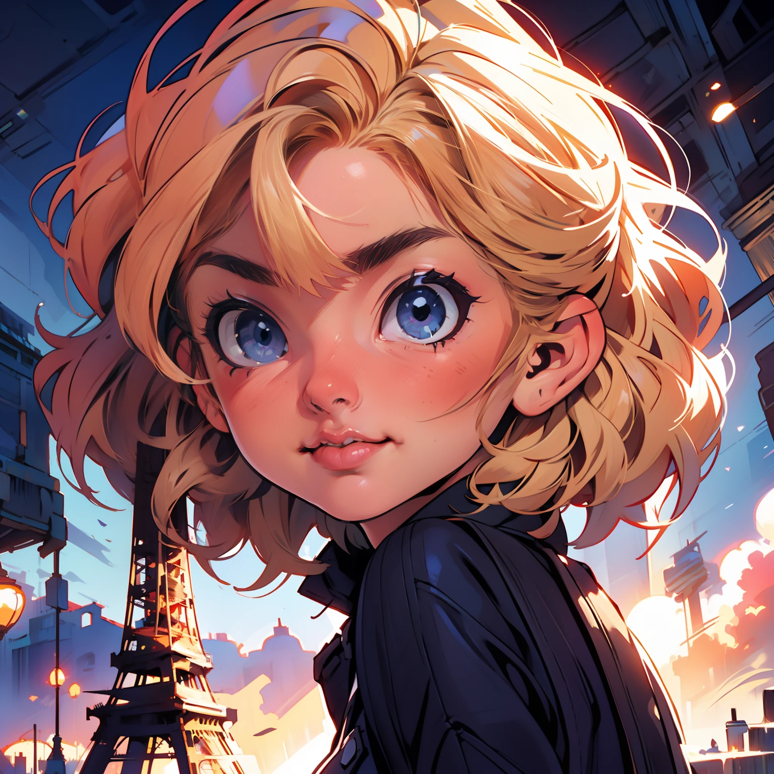 masterpiece, close up, digital paint, (Cute girl, 20 years old, blond short hair ), at the top of eiffel tower in paris by Jim Lee. 1990s \(style\),