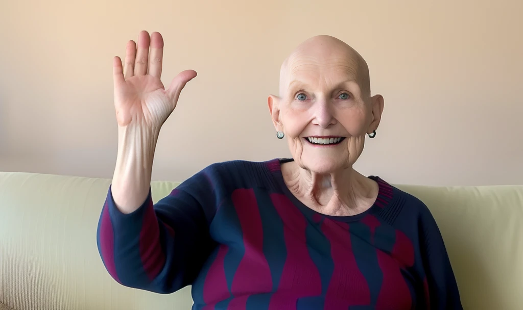Smiling woman sitting on a couch with her hand in the air, com cabelo curto, with the hand waving, with pale face after cancer treatment, hand waving with 5 fingers, sitting on a blue sofa, mulher com cabelo escuro curto --auto