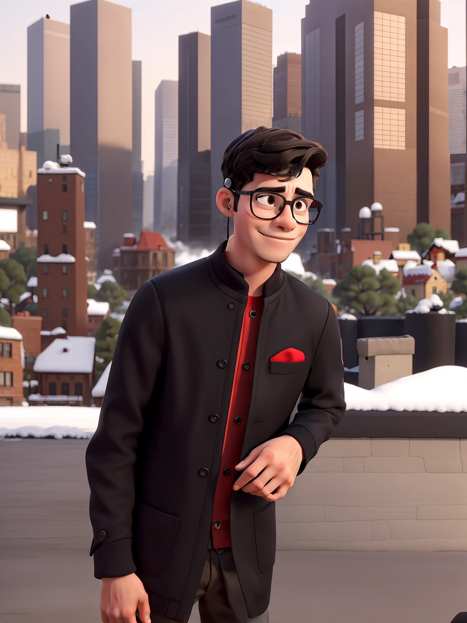 masterpiece, best quality, an cool boy with glasses and in his hand headphones wearing a black coat and red and black cap, standing at the park
