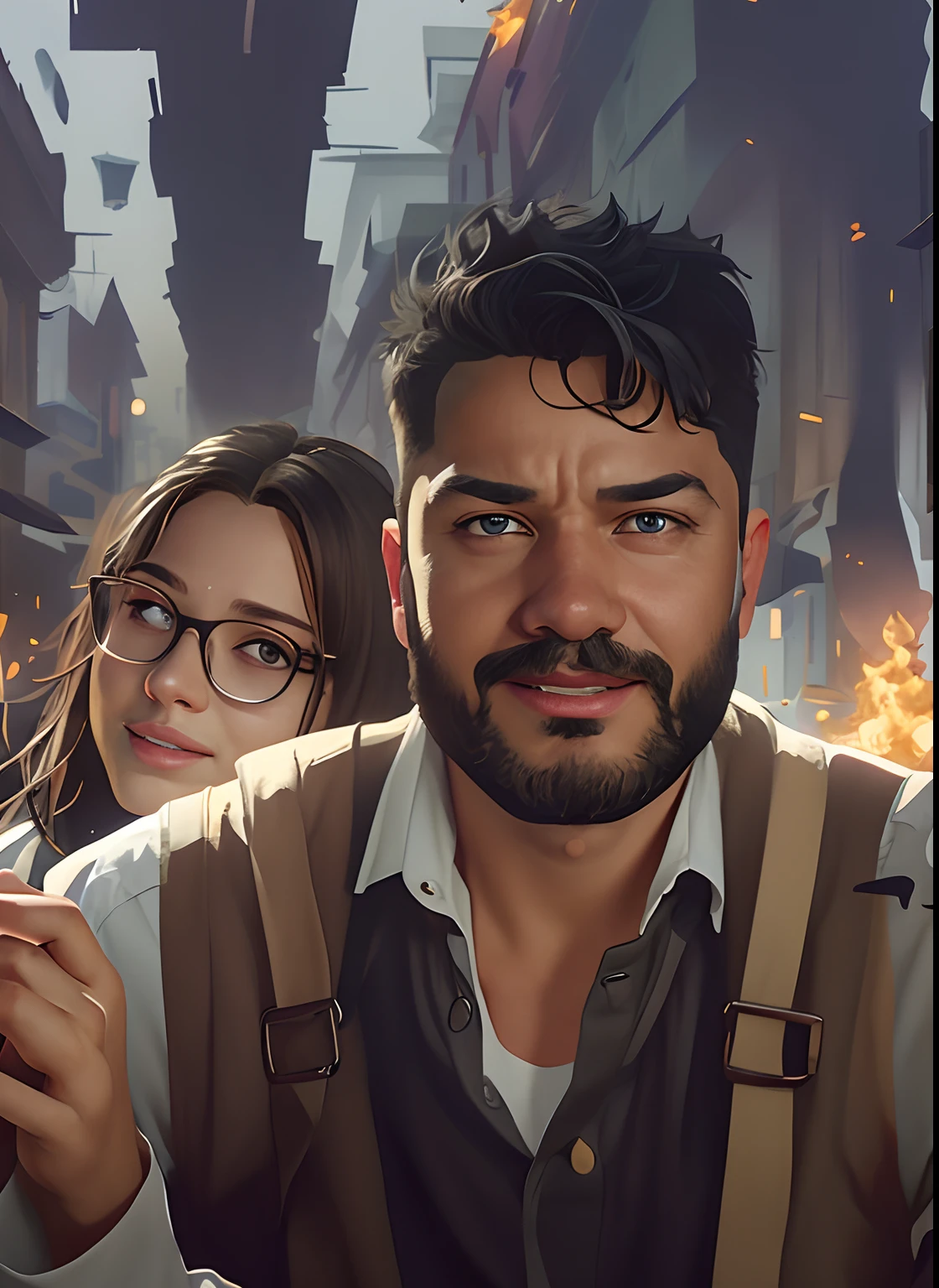It's two people standing on a city street with a fire, Cinematic realistic portrait, Arte no estilo de Guweiz, aventura render hiper realista, Ismail Inceoglu e Ruan Jia, Arte digital realista 4K, Arte digital realista 4K, 8k portrait render, estilo de arte realista, Epic portrait illustration, epic game portrait, irreal 5. retrato de rpg
