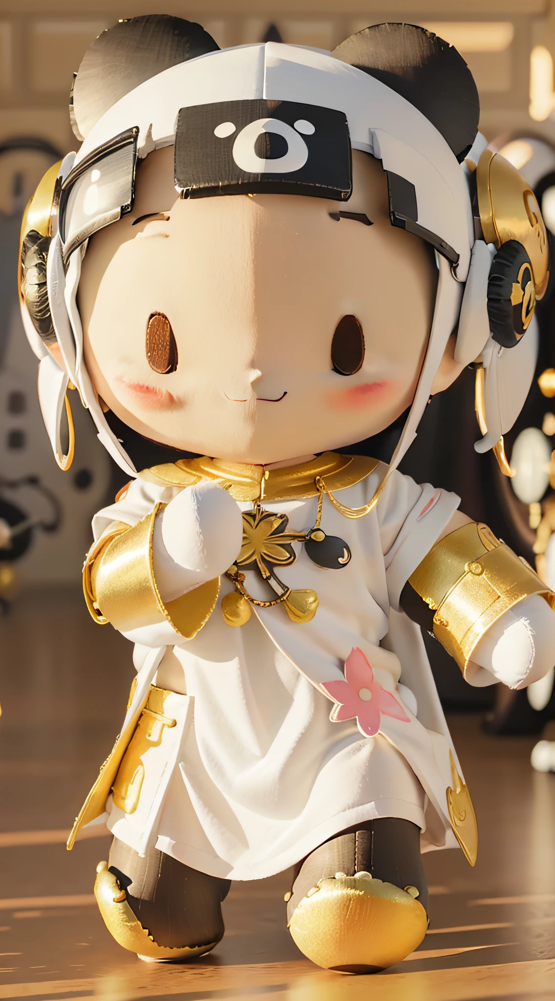 3D cartoon character，Super cute panda with big eyes, Dressed in white and gold ethnic style clothing, adorable expression, Charming smile, Super high detail, solid color backdrop, Exquisite, 3d effect, a blind box toy, Garage Kit, super high precision, Perfect lighting, OC renderer, blender, 8K, Super clear, Super noise reduction